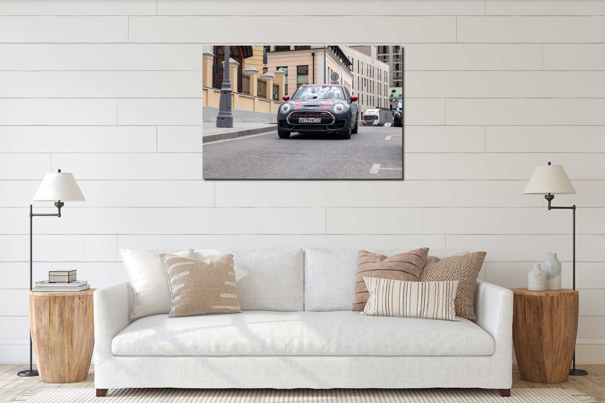 Russia Moscow 2019-06-17 Black car with red stripes Mini Cooper is parked on a street of a European city. Concept travel interior mockup