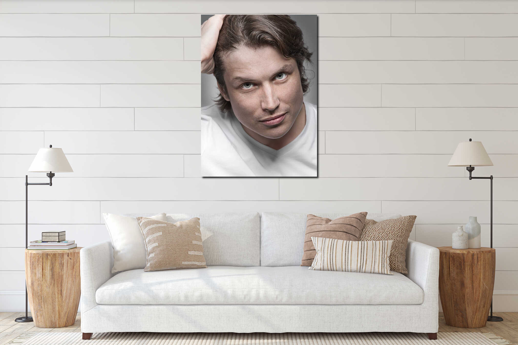 Close-up portrait of handsome young man interior mockup