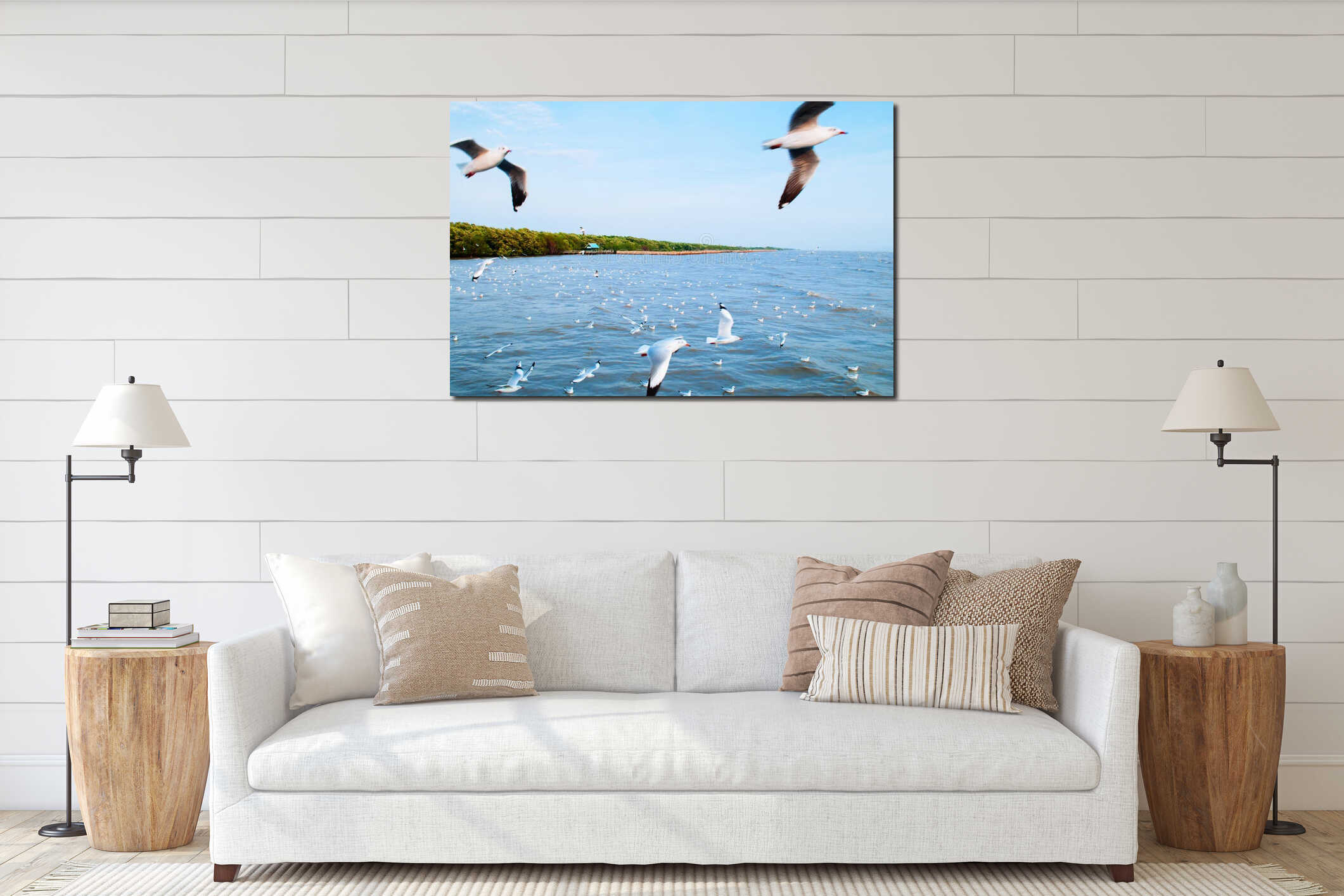 Flock of Seagull birds flying over peaceful sea at Bang Pu, Samut Prakarn near Bangkok - Thailand interior mockup