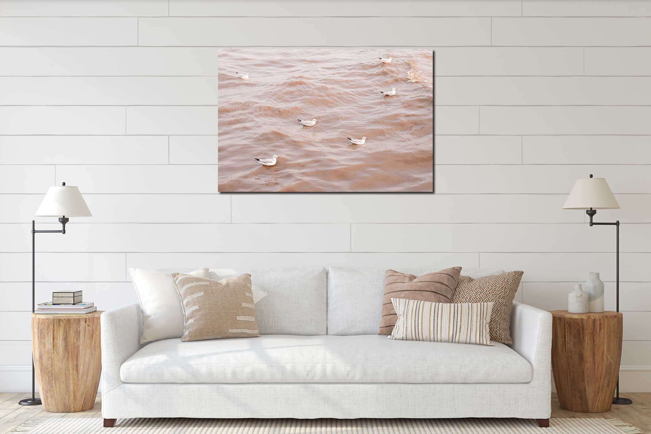 Flock of Seagull birds floating on sea surface at Bang Pu, Samut Prakarn near Bangkok - Thailand interior mockup