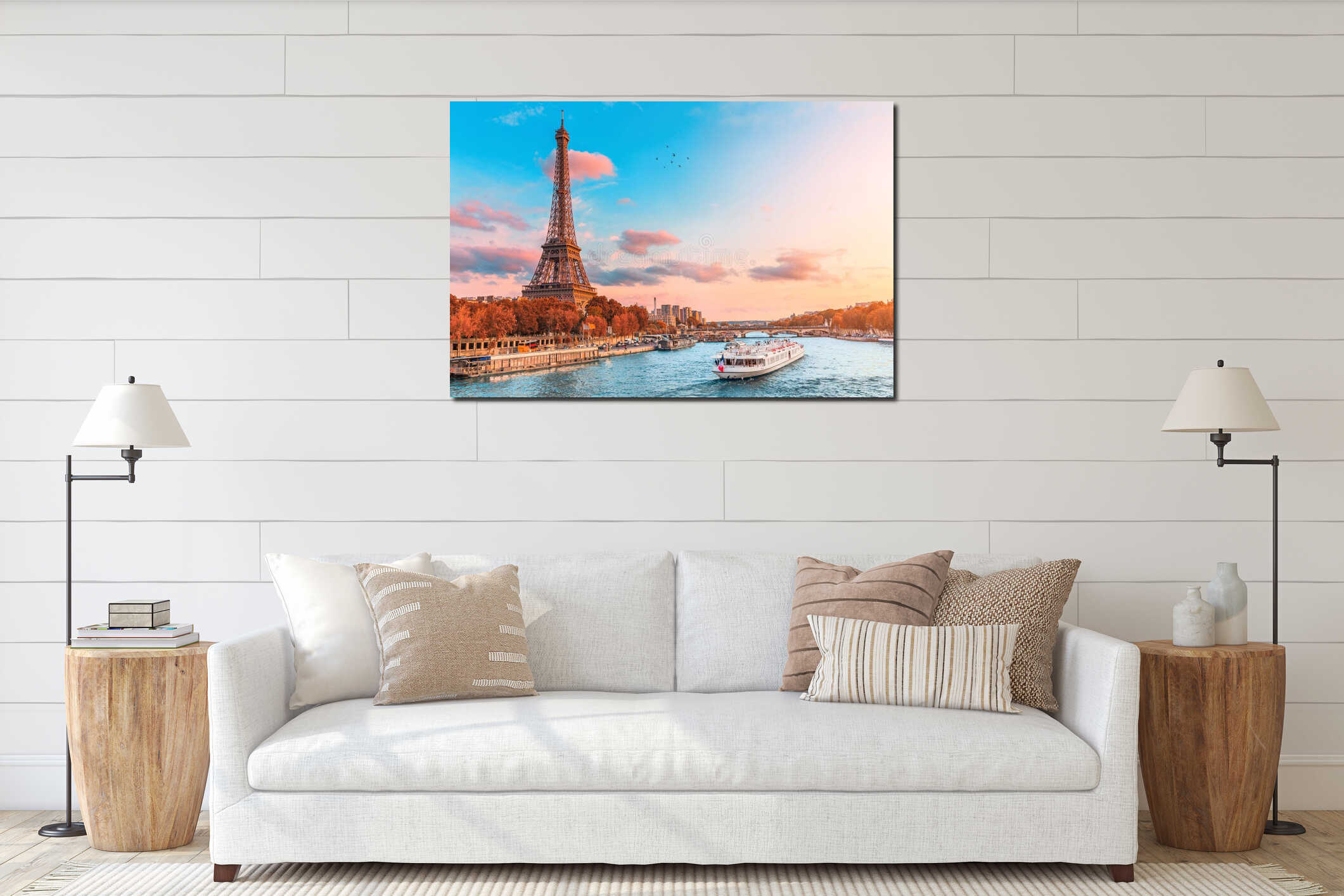 main attraction of Paris and all of Europe is the Eiffel tower in the rays of the setting sun on the bank of Seine river with interior mockup