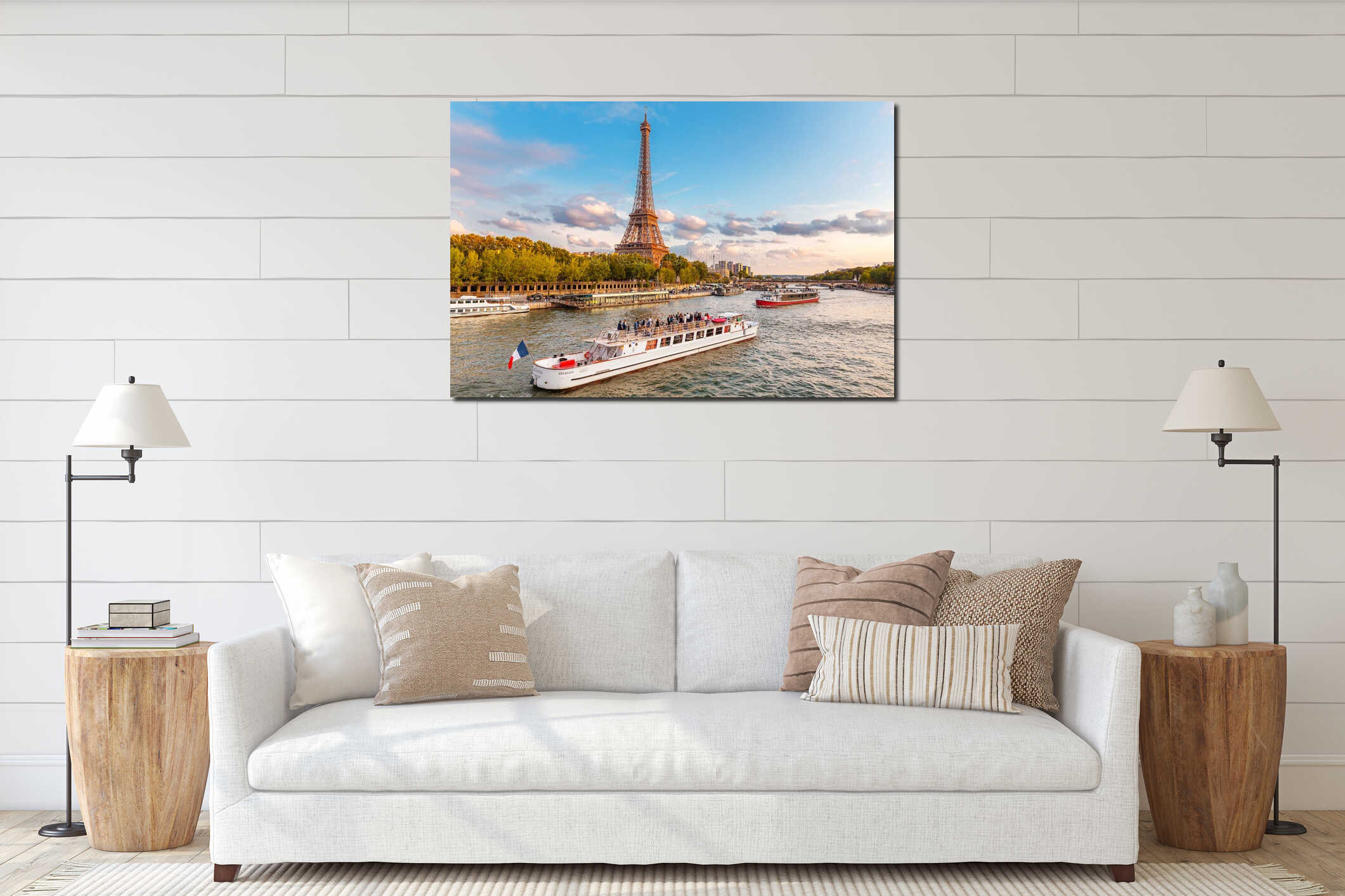 The main attraction of Paris and all of Europe is the Eiffel tower in the rays of the setting sun on interior mockup