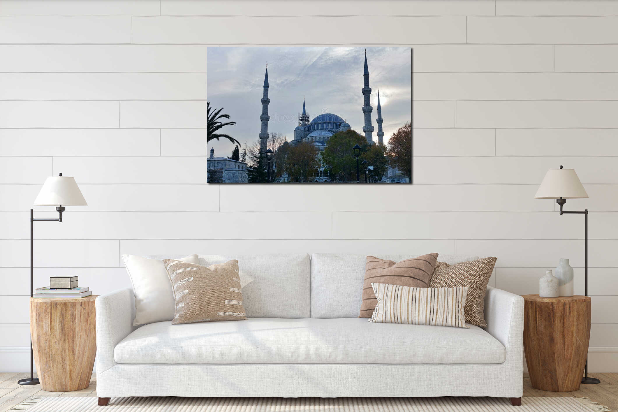 Blue Mosque (Sultanahmet Camii), Bosporus and asian side skyline, Istanbul, Turkey interior mockup