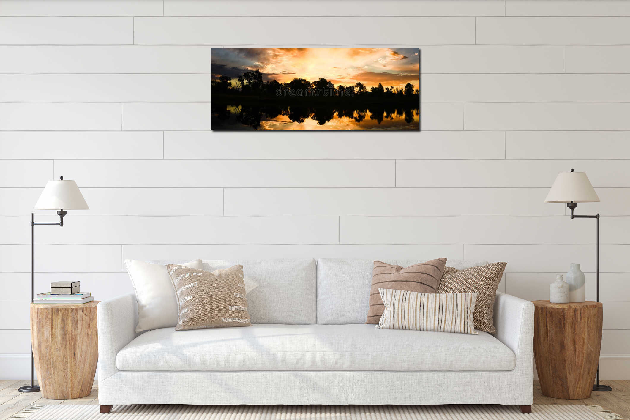 Incandescent Early Morning Sunrise Blue and Orange Sky Reflection In Water Panorama interior mockup