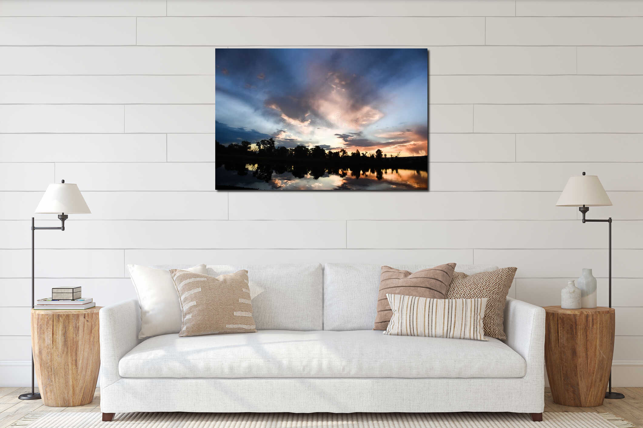 Incandescent Early Morning Sunrise Blue and Orange Sky Reflection In Water interior mockup