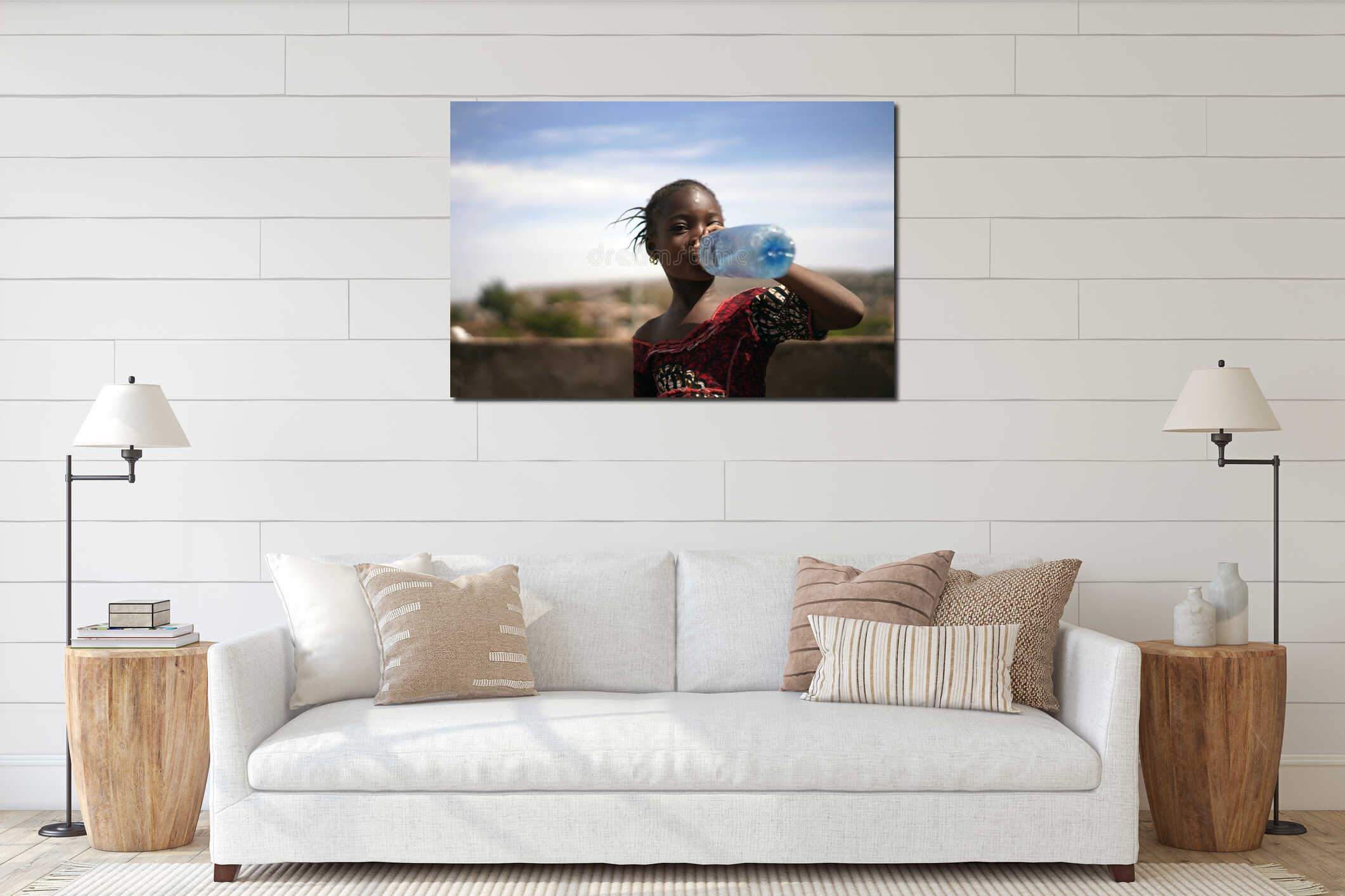 Portrait Of a Small African Girl Greedily Drinking from a Water Bottle interior mockup
