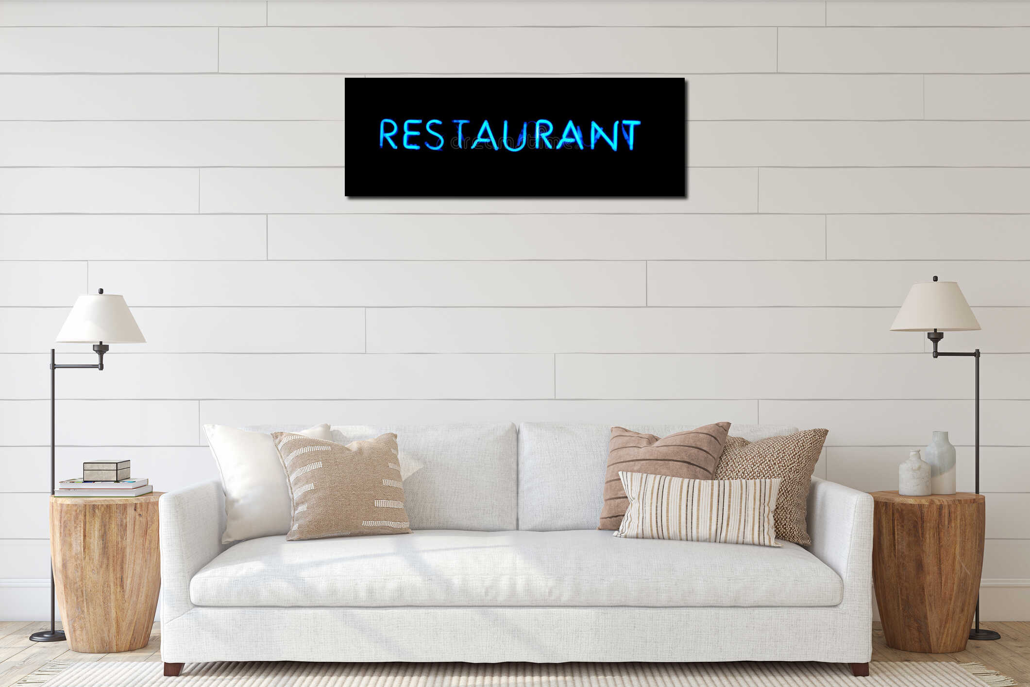 Restaurant blue neon sign interior mockup
