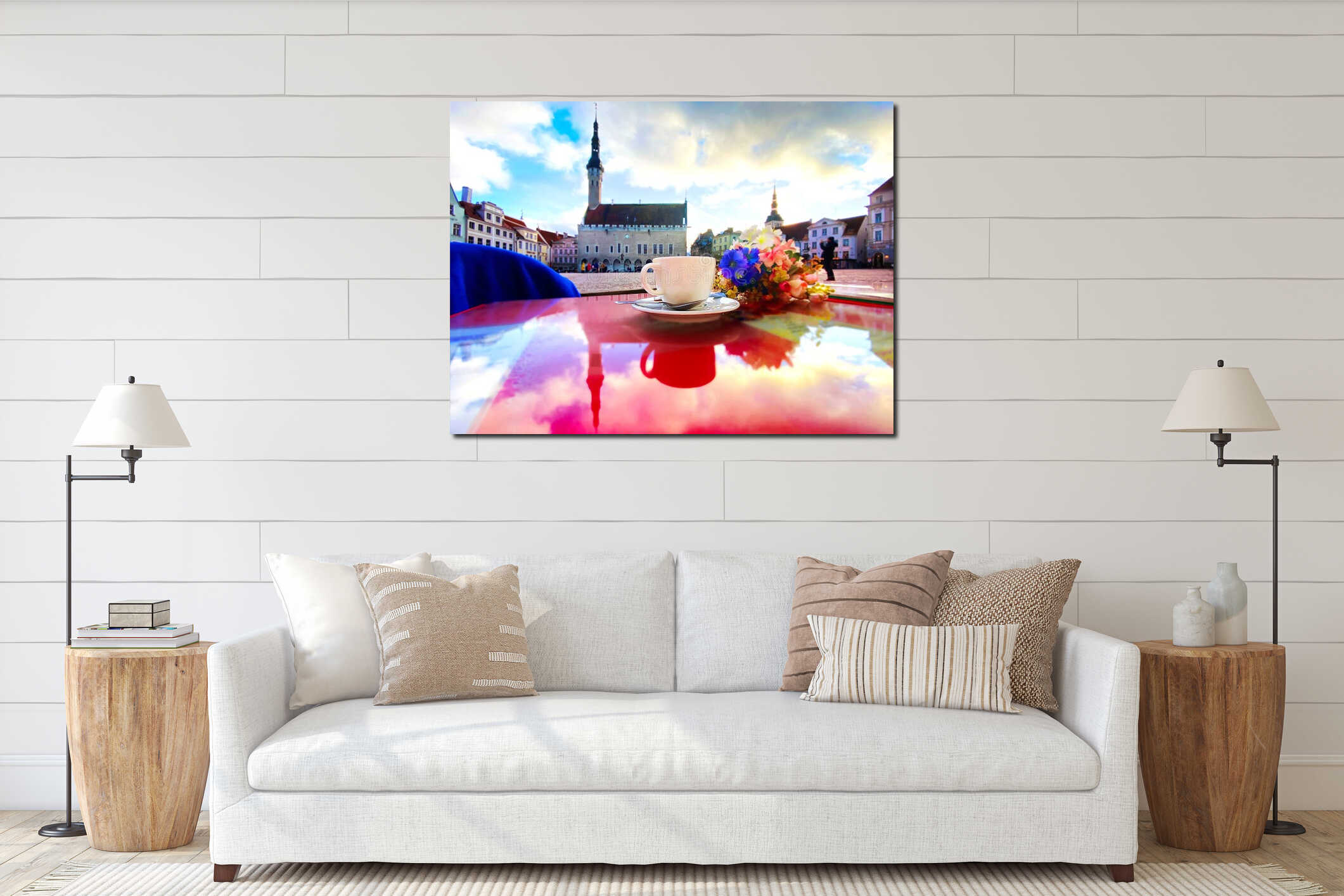 Street cafe in romantic spring  Tallinn old town ,cup of coffee on table top ,spring flowers bouquet ,blue sky,sunny spring day su interior mockup