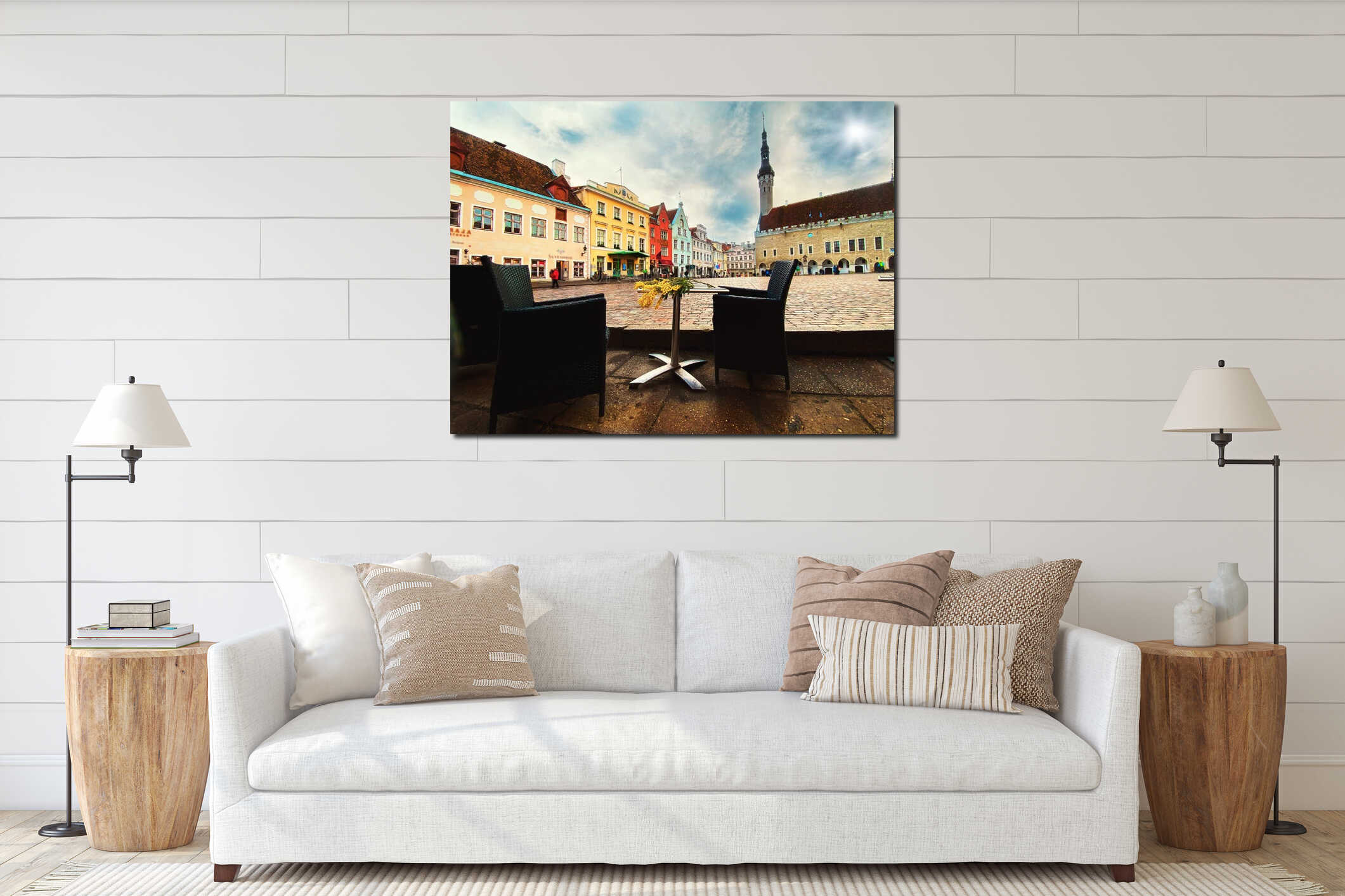 Street cafe in romantic spring  Tallinn old town ,cup of coffee on table top ,spring flowers bouquet ,blue sky,sunny spring day su interior mockup