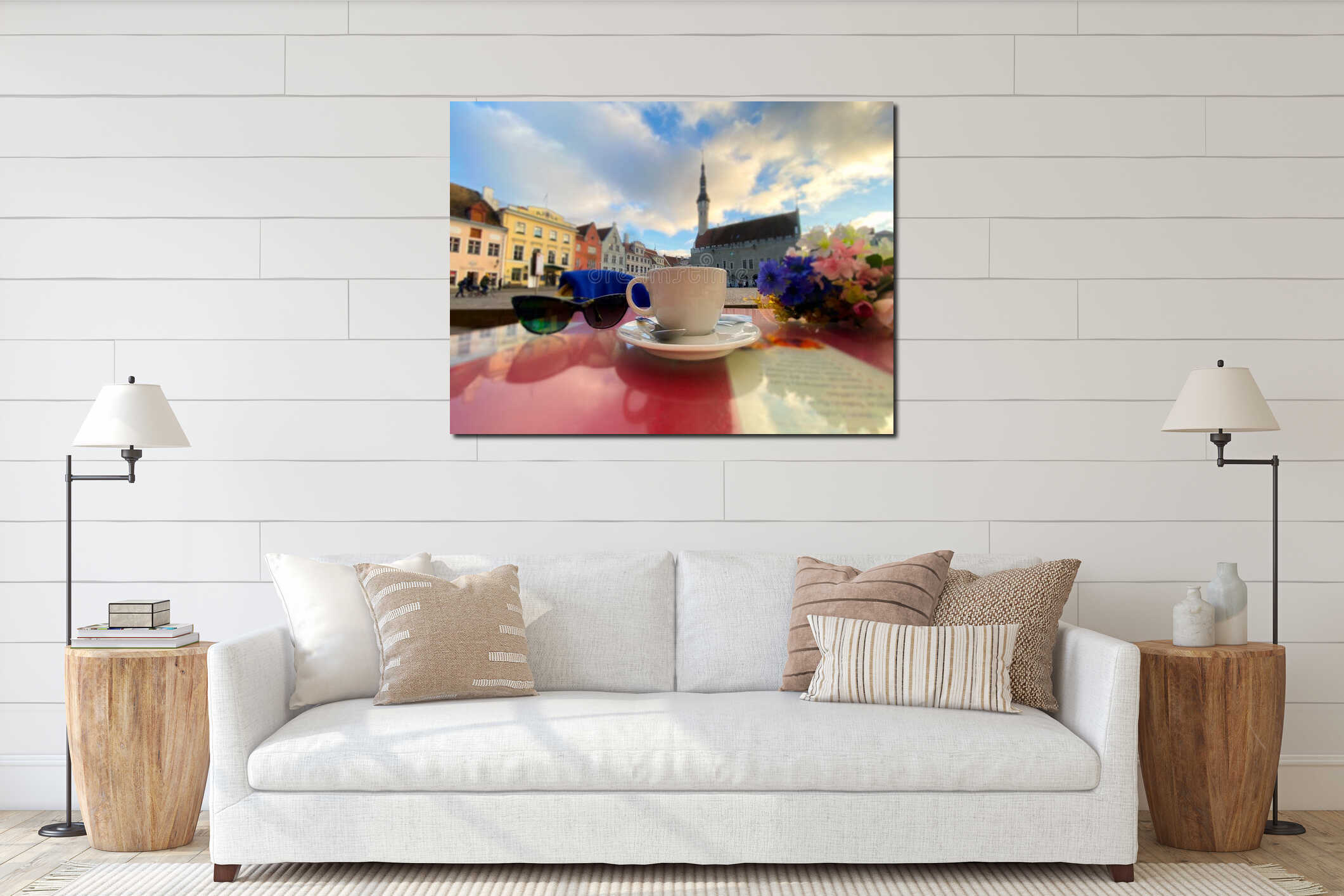 Street cafe in romantic spring  Tallinn old town ,cup of coffee on table top ,spring flowers bouquet ,blue sky,sunny spring day su interior mockup