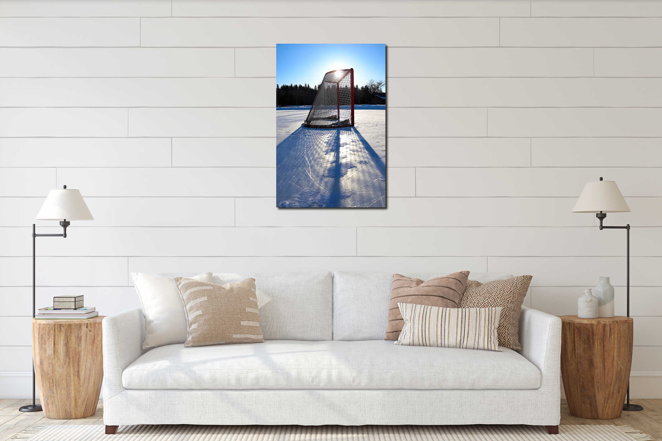 Sun silhouetting a empty hockey net on a frozen pond interior mockup
