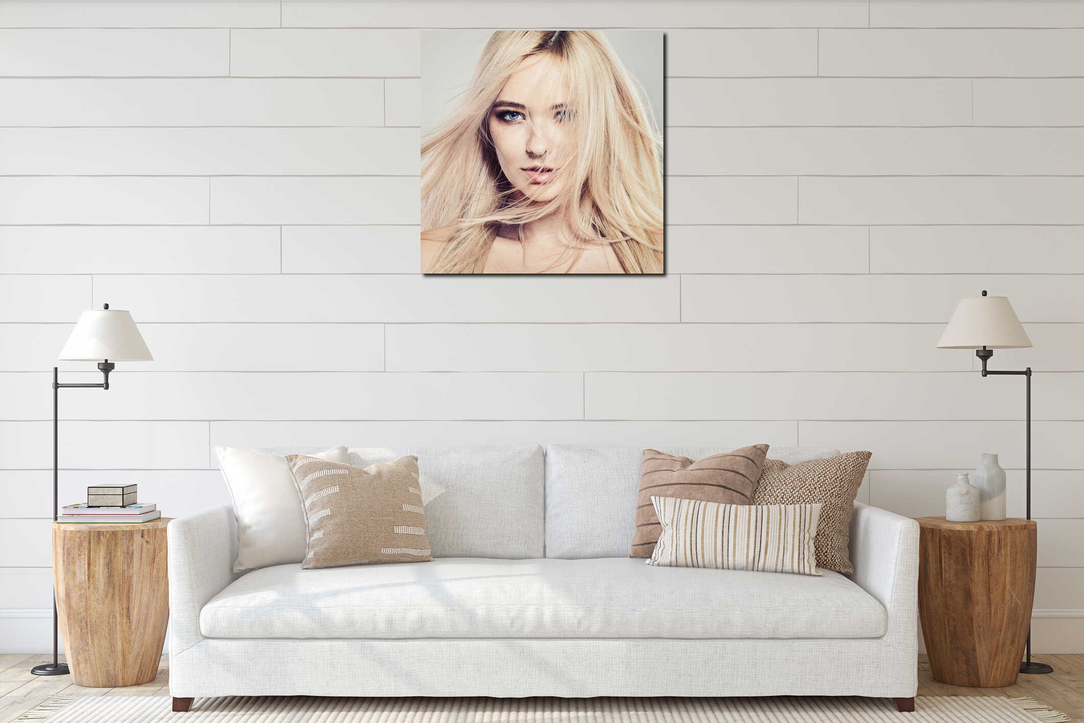 Beautiful woman portrait. Blonde girl face, healthy skin and blowing hair interior mockup