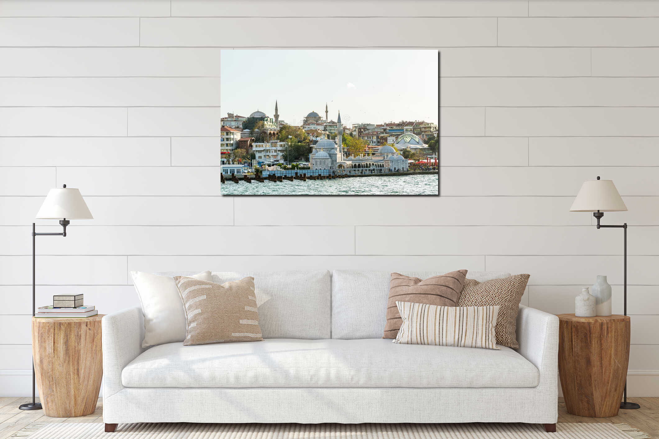 Beautiful buildings with Semsi Pasa Mosque Complex under sunset at the  at Uskudar, Istanbul, Turkey, on the Anatolian shore of interior mockup