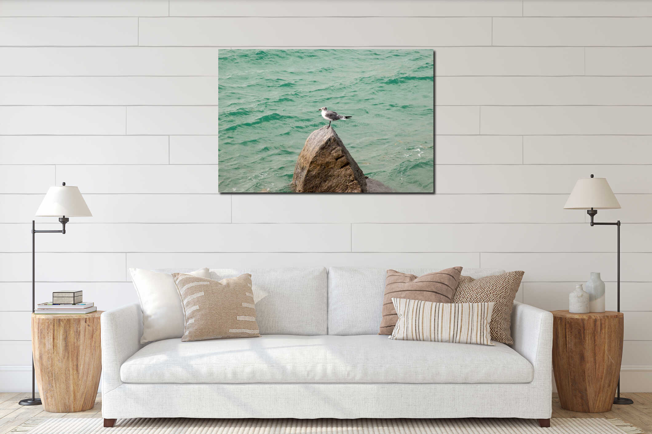 Seagull on a pointy rock in Miami South Beach, Florida interior mockup
