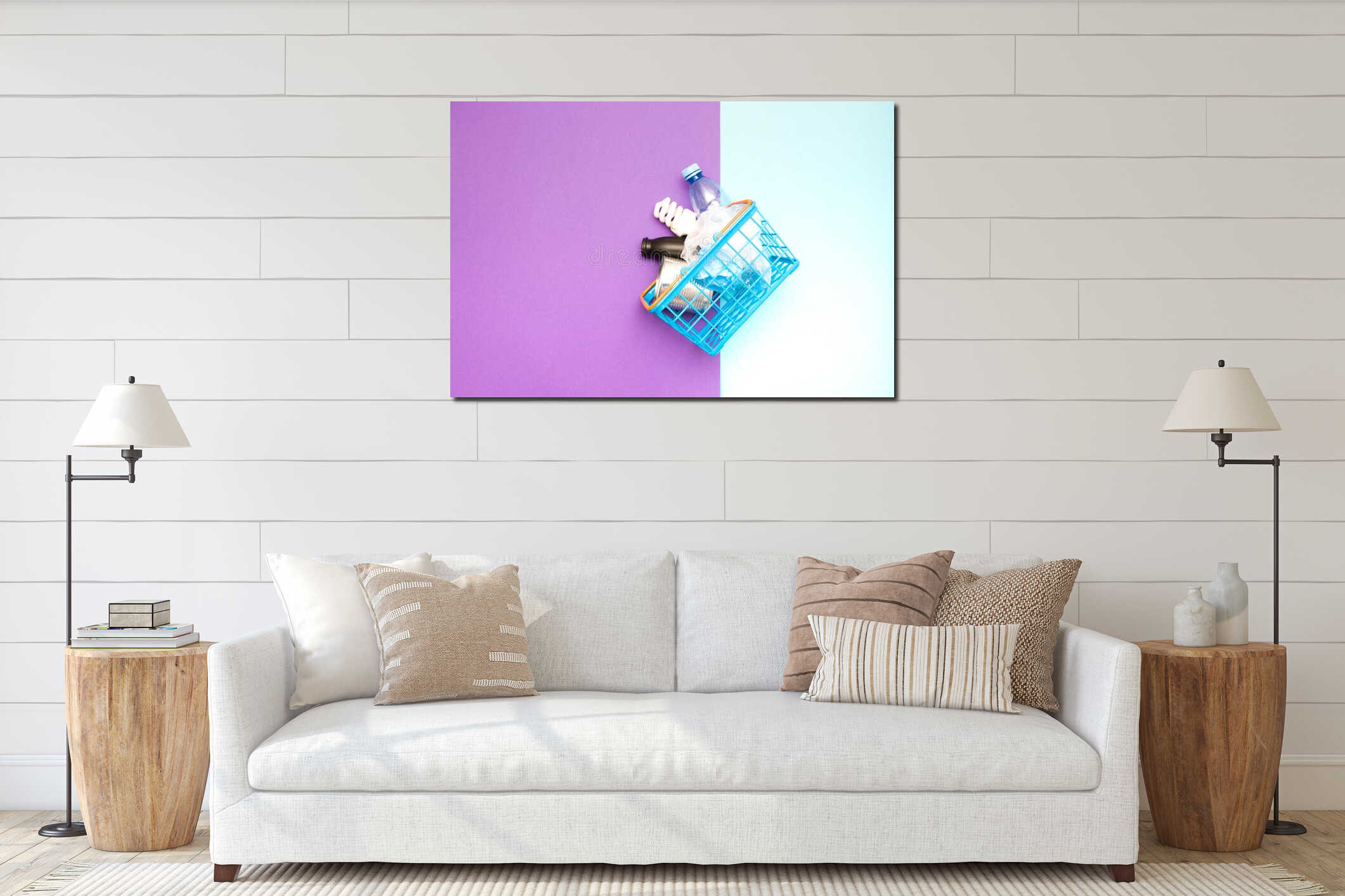 spiral light bulb, can, plastic bottle, packages on a blue toy shopping basket, purple and blue background, copy space interior mockup