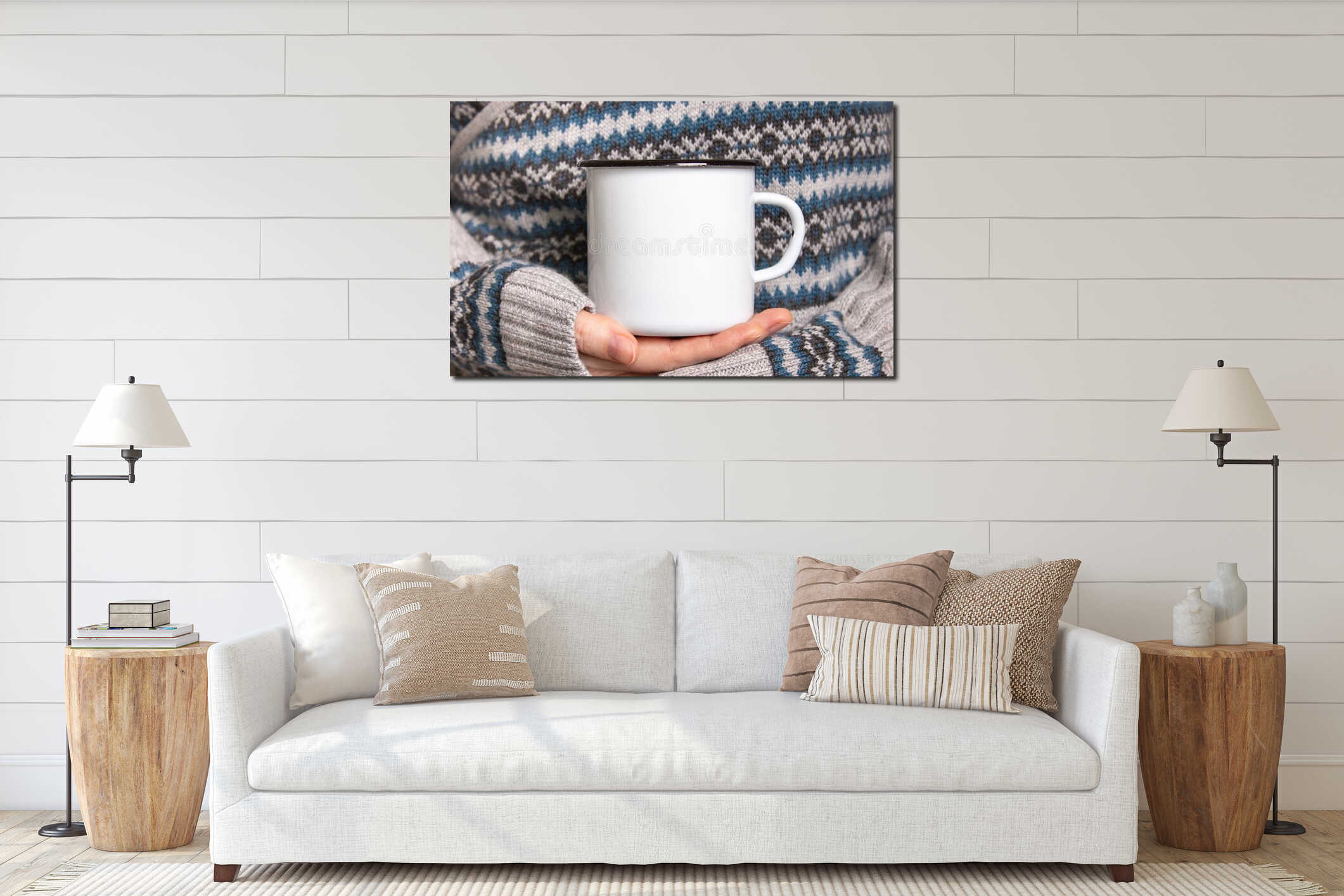 Enamel Mug with black edge line Mock-up. Girl holds white old-tin campfire cup in her hands interior mockup