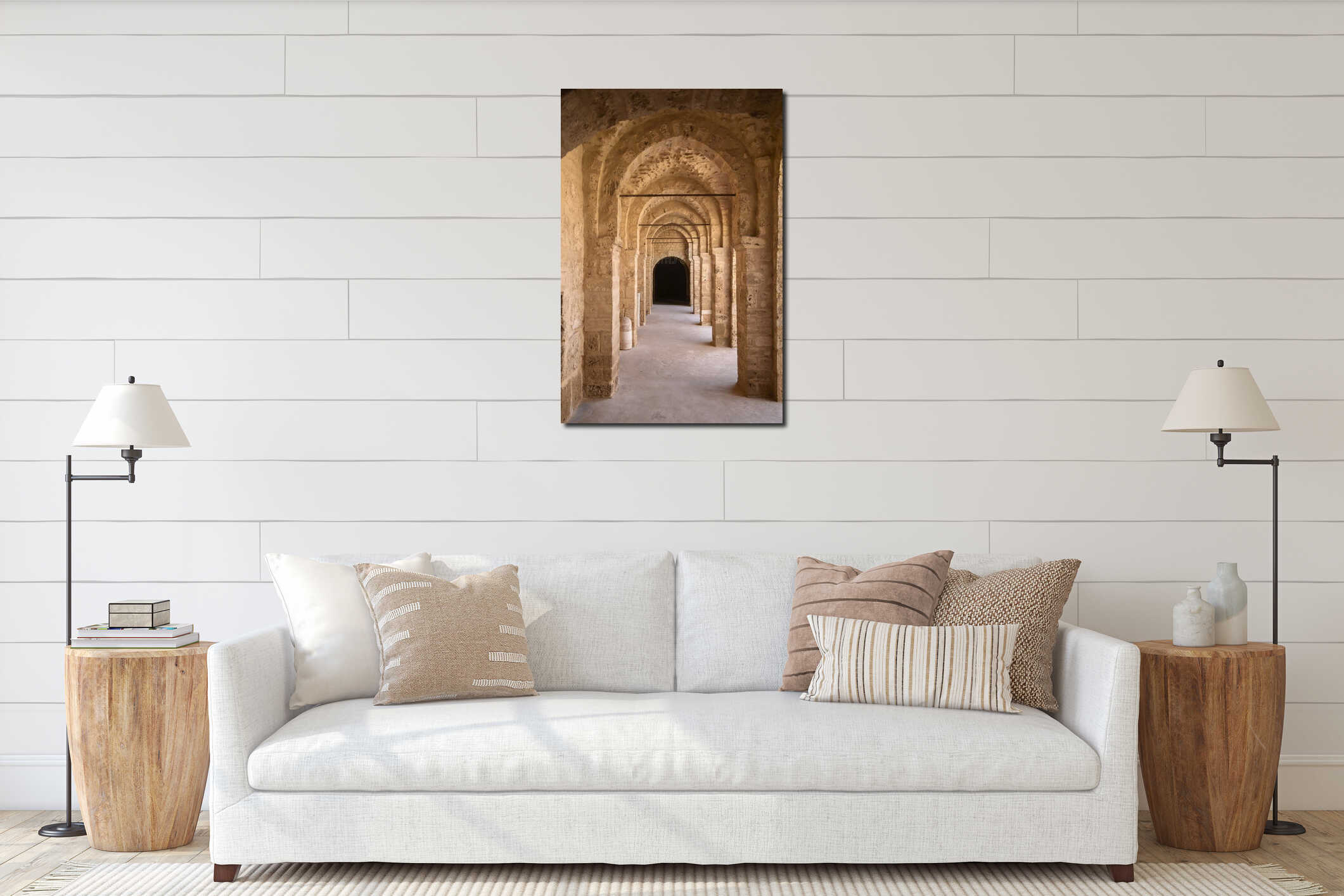 Stone arches in the corridor of Ribat Citadel, Sousse, Tunisia. interior mockup