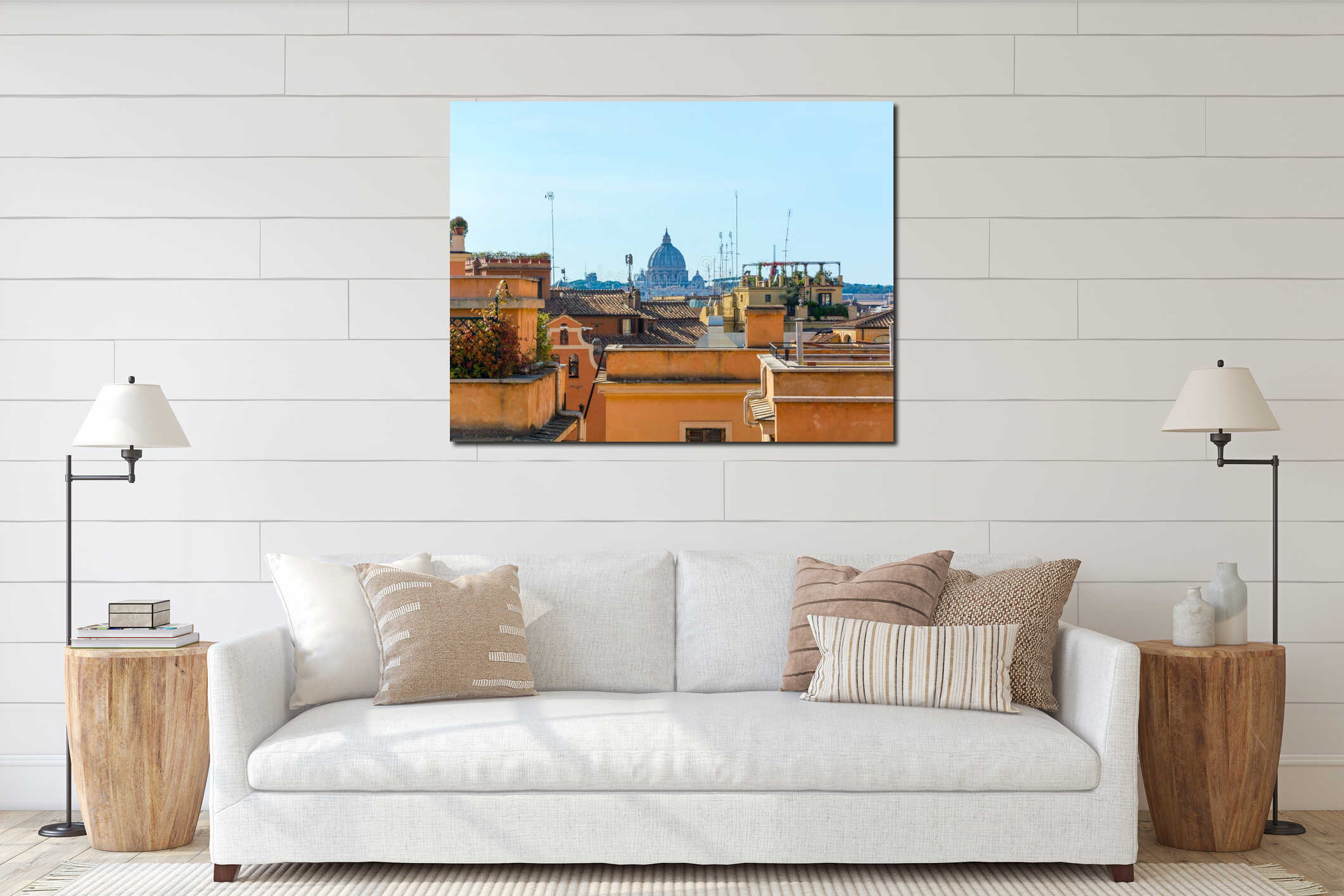 View of the dome of St. Peter`s Cathedral among the roofs of ancient Rome interior mockup