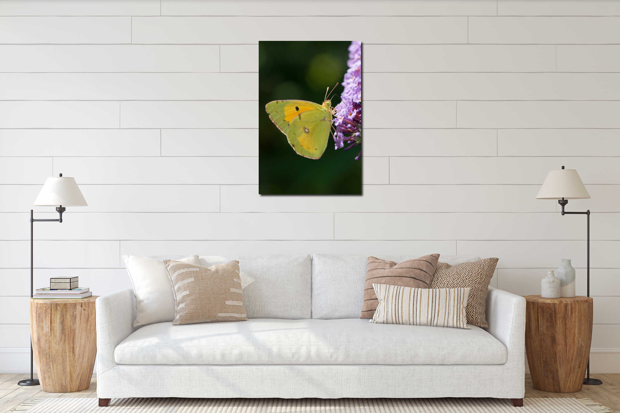 Vertical closeup shot of a green butterfly on the lavender flower interior mockup