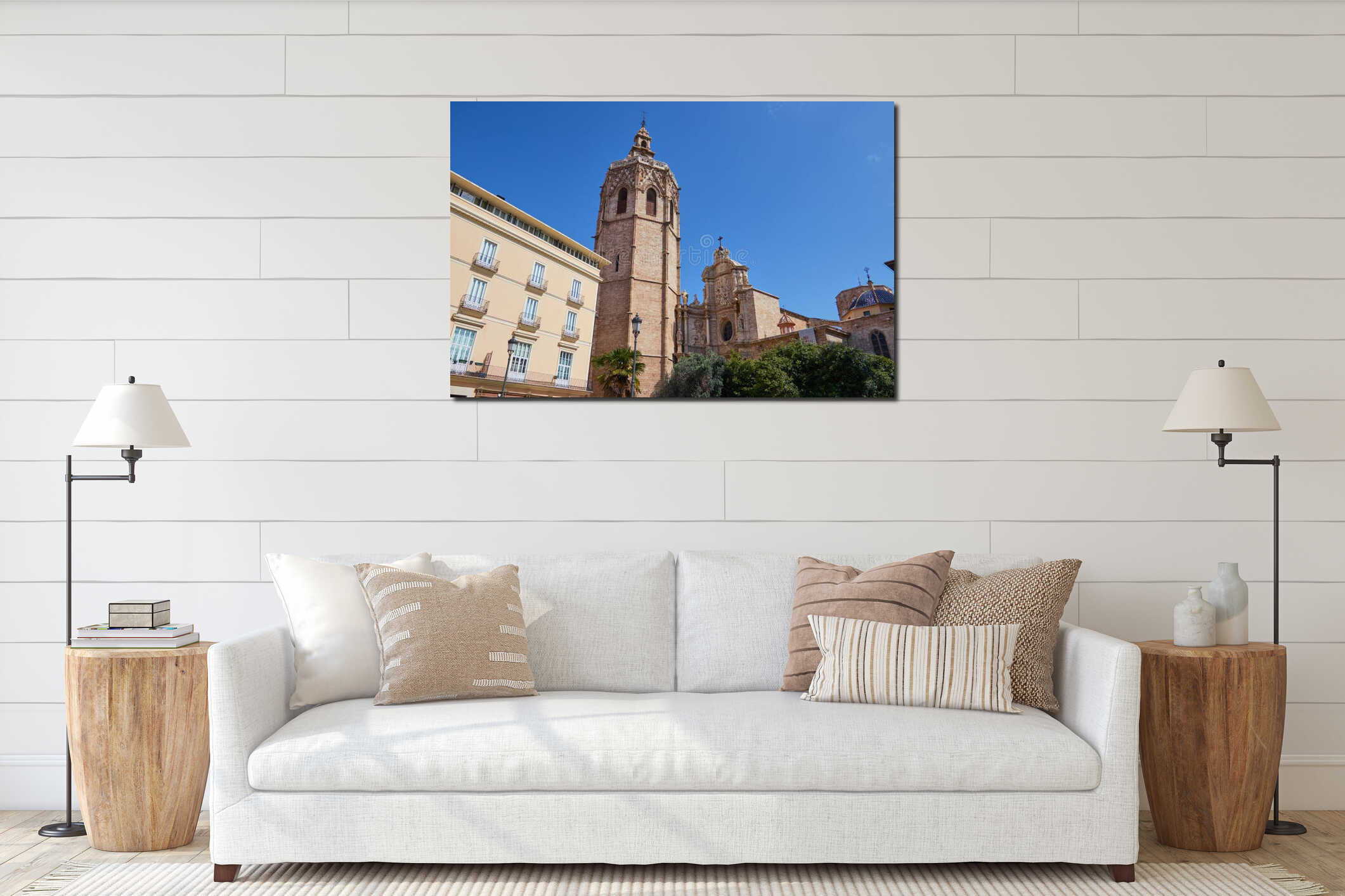 Horizontal Wide angle shot of the amazing Torre del Micalet on a bright cloudless day in Valencia interior mockup