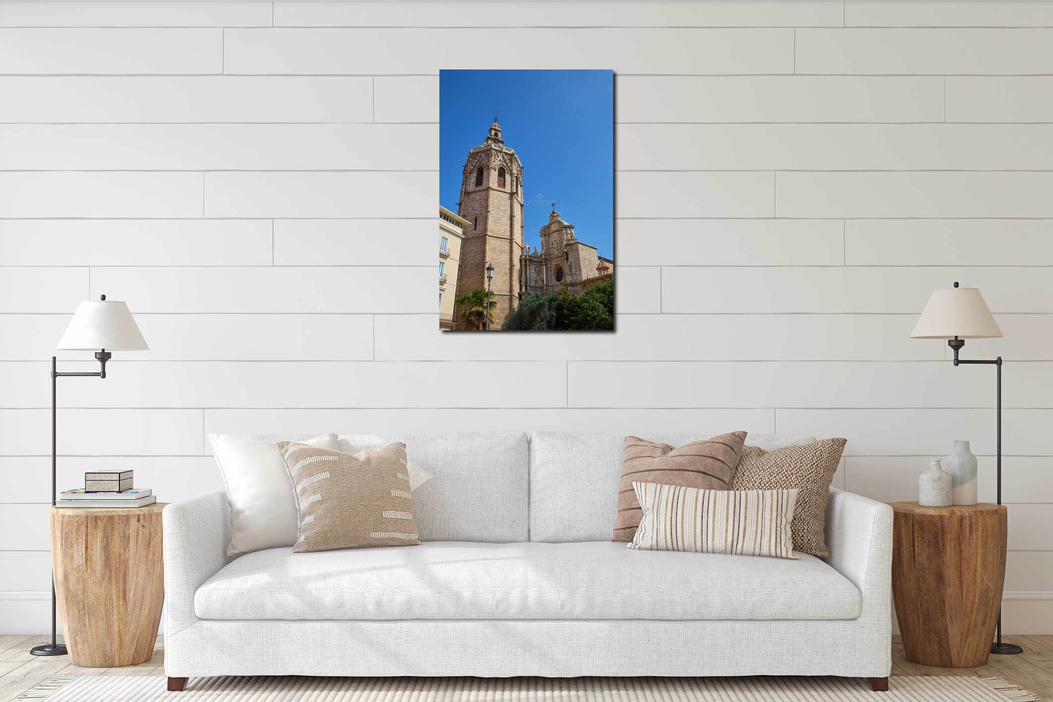 Vertical Wide angle shot of the amazing Torre del Micalet on a bright cloudless day in Valencia interior mockup