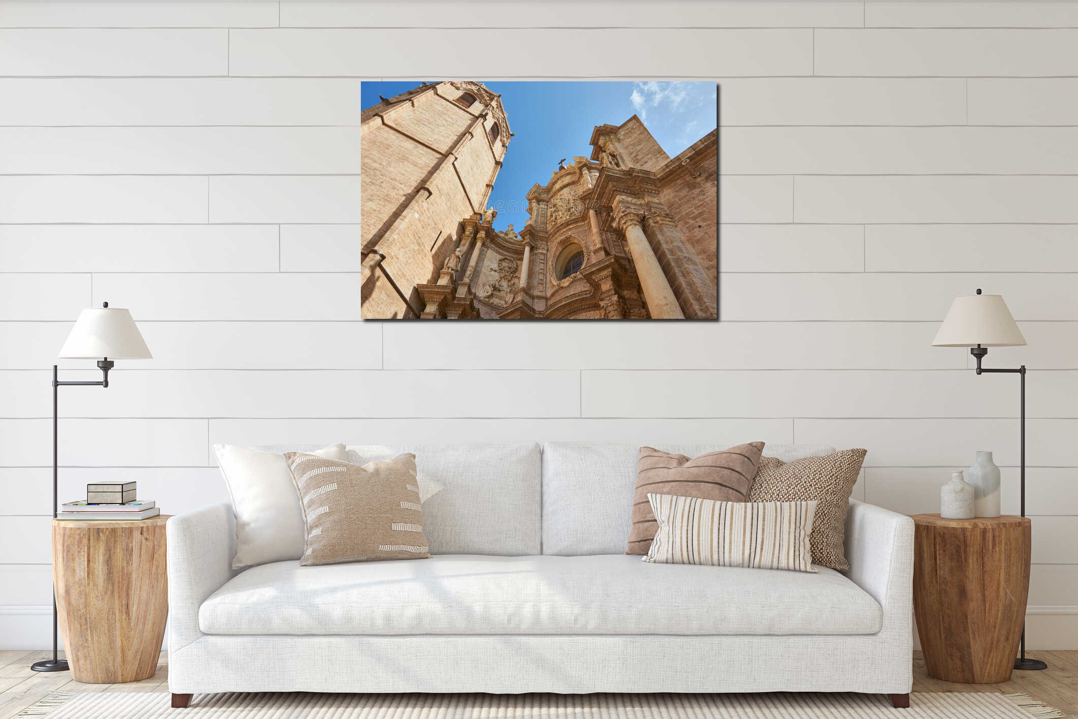 Wide angle shot of the amazing Torre del Micalet on a bright cloudless day interior mockup