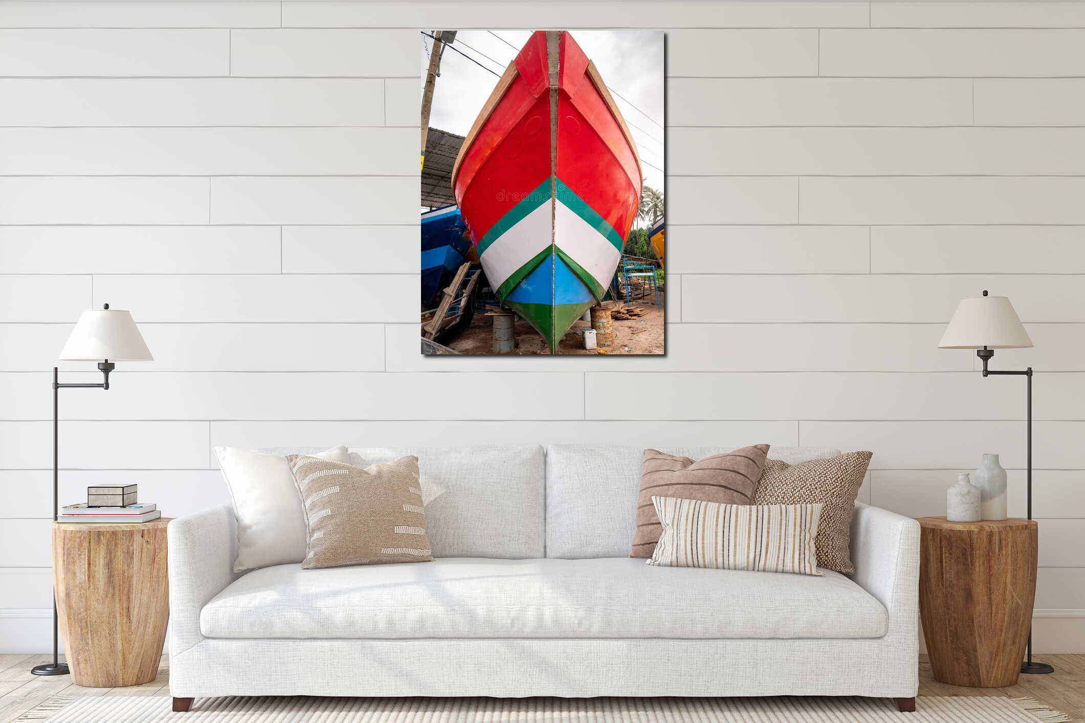 Closeup image of beautiful colorful painted fishing boat nose in docks at port interior mockup