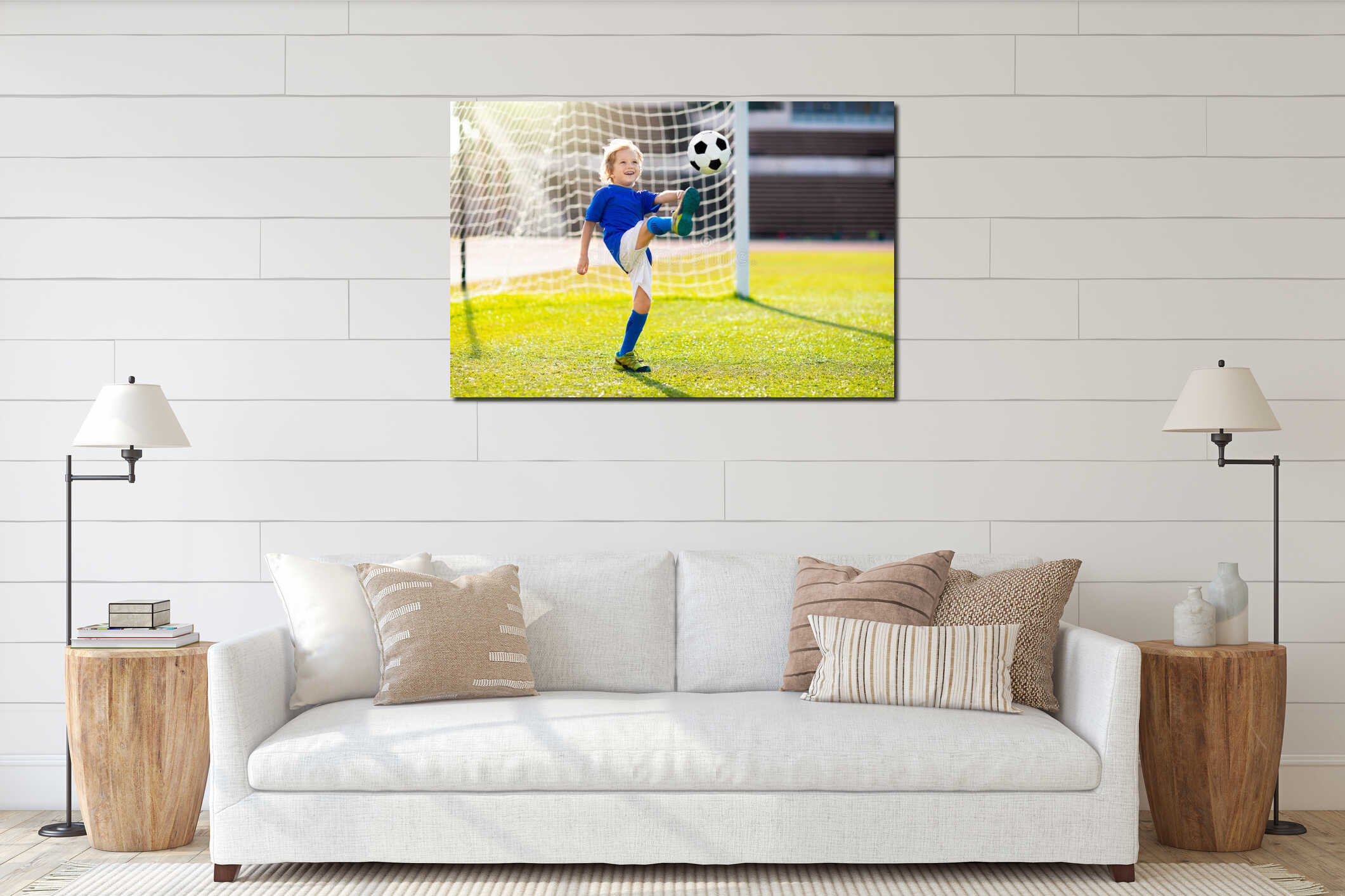Kids play football. Child at soccer field interior mockup