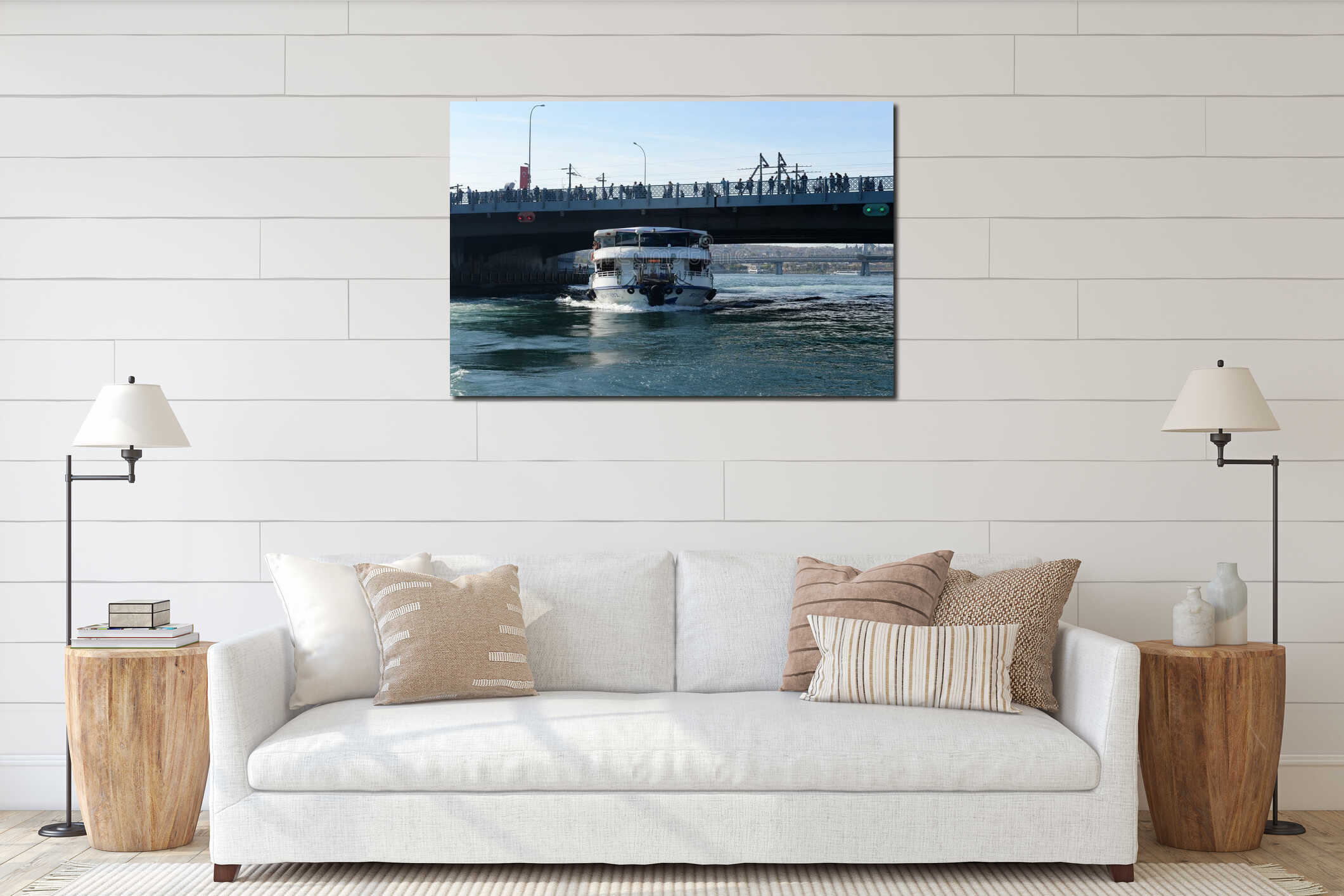 Passenger pleasure boat under the Galata bridge in the Bosphorus Strait. Istanbul interior mockup