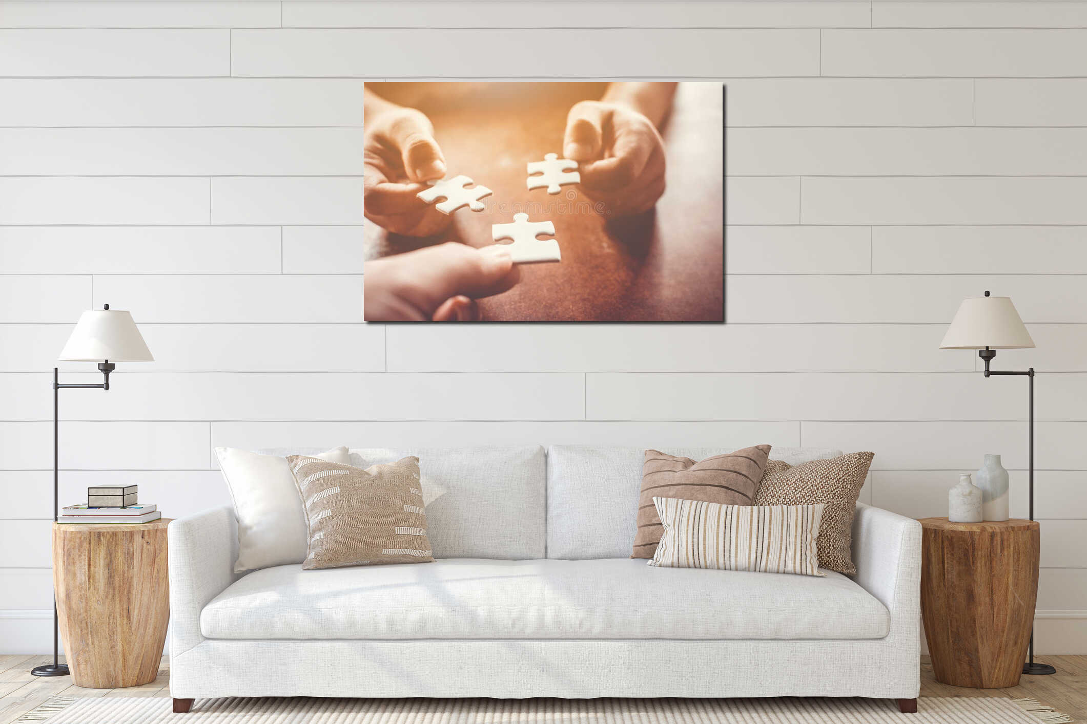 Hand of two people holding jigsaw puzzle connecting together. Concept of partnership and teamwork in business strategy interior mockup