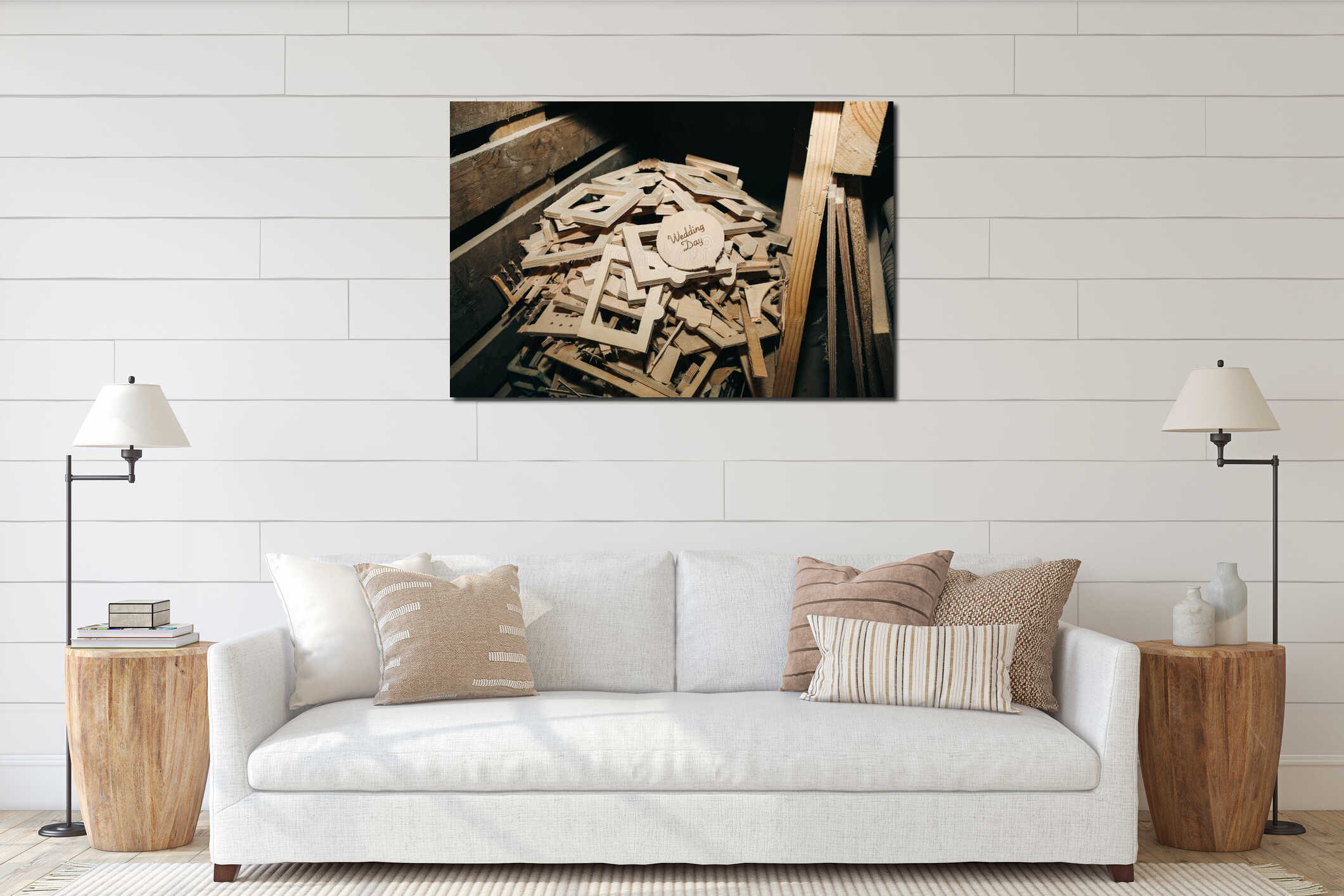 Empty wooden frames lying on the big pile. Handmade working process interior mockup