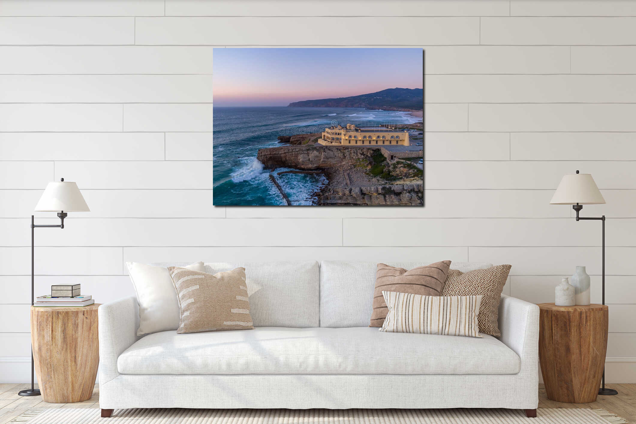 Aerial drone photo of Praia do Guincho Beach and Hotel Fortaleza at sunset in Sintra, Portugal interior mockup