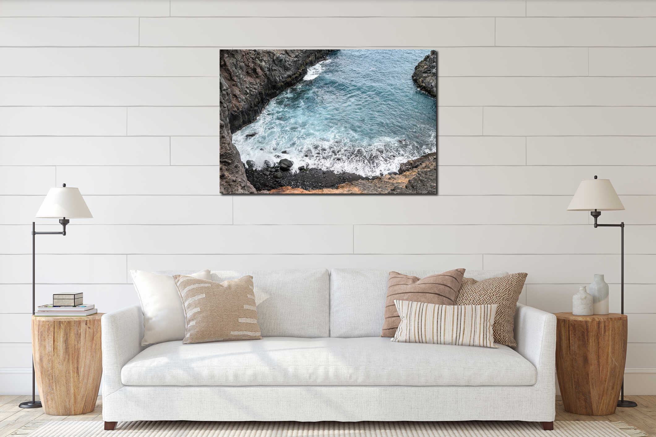 Landscape of the volcanic coast, Atlantic ocean. Selective focus. Los Gigantes, Tenerife interior mockup