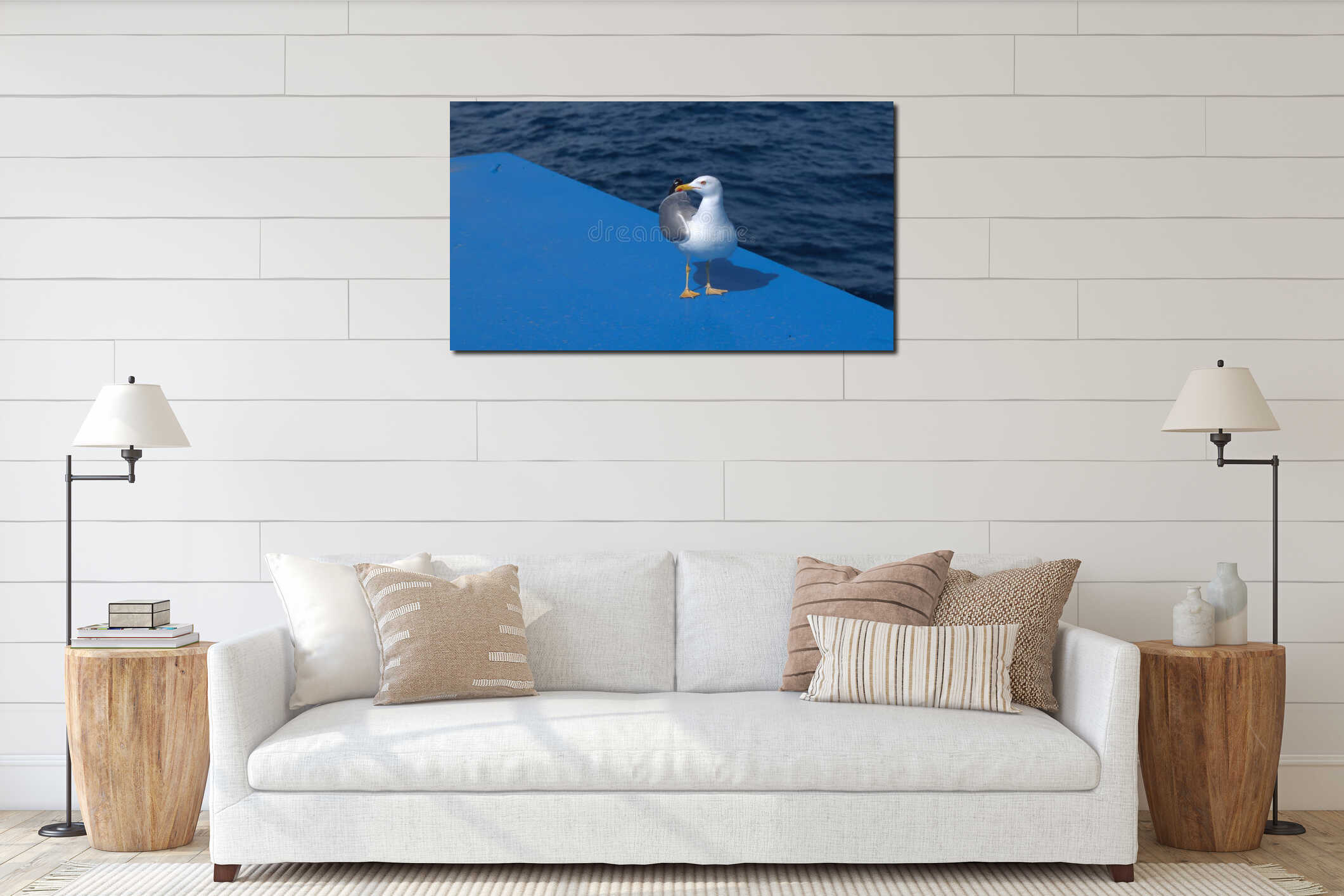 Friendly gull posing on a ship interior mockup