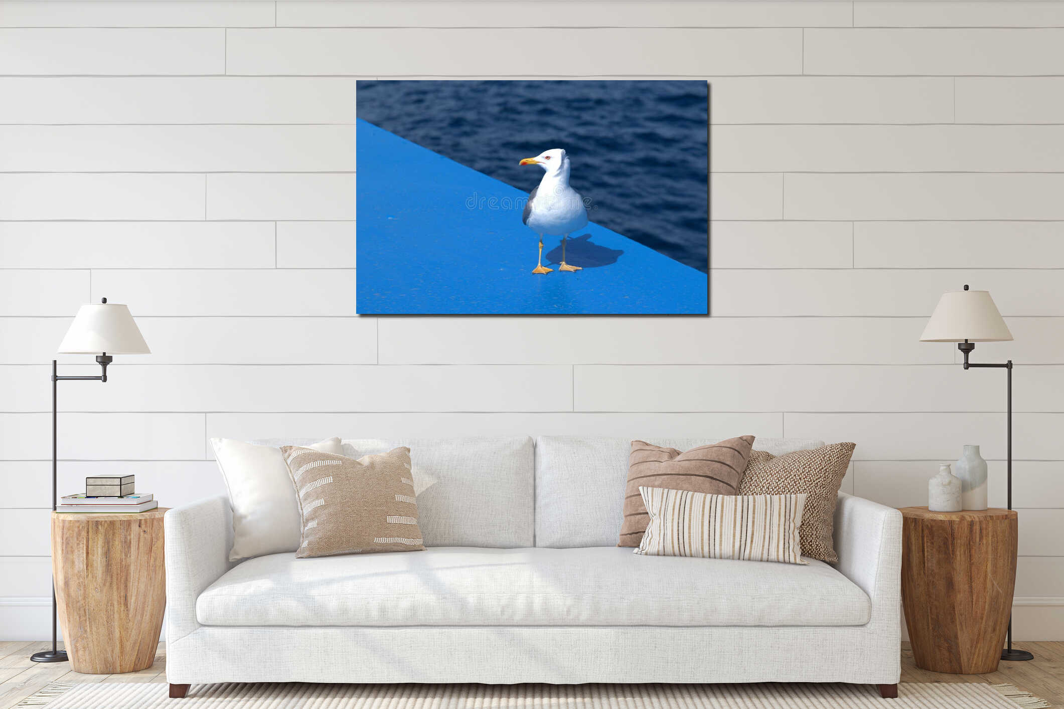 Friendly gull posing on a ship interior mockup