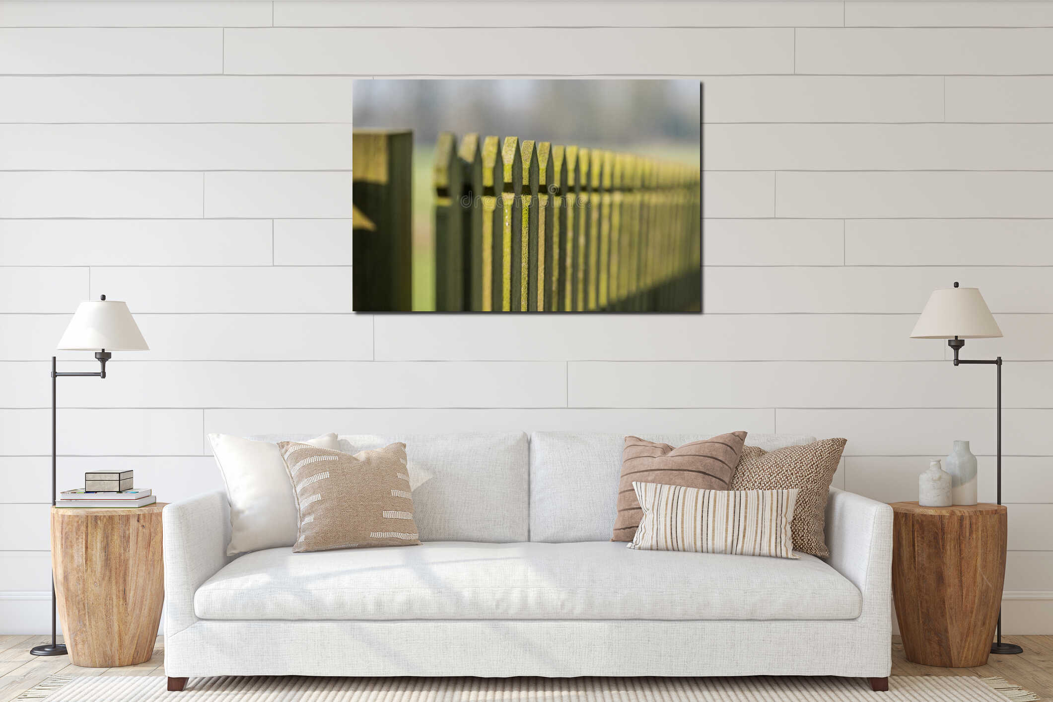 Old weathered wooden fence on a sunny spring day interior mockup