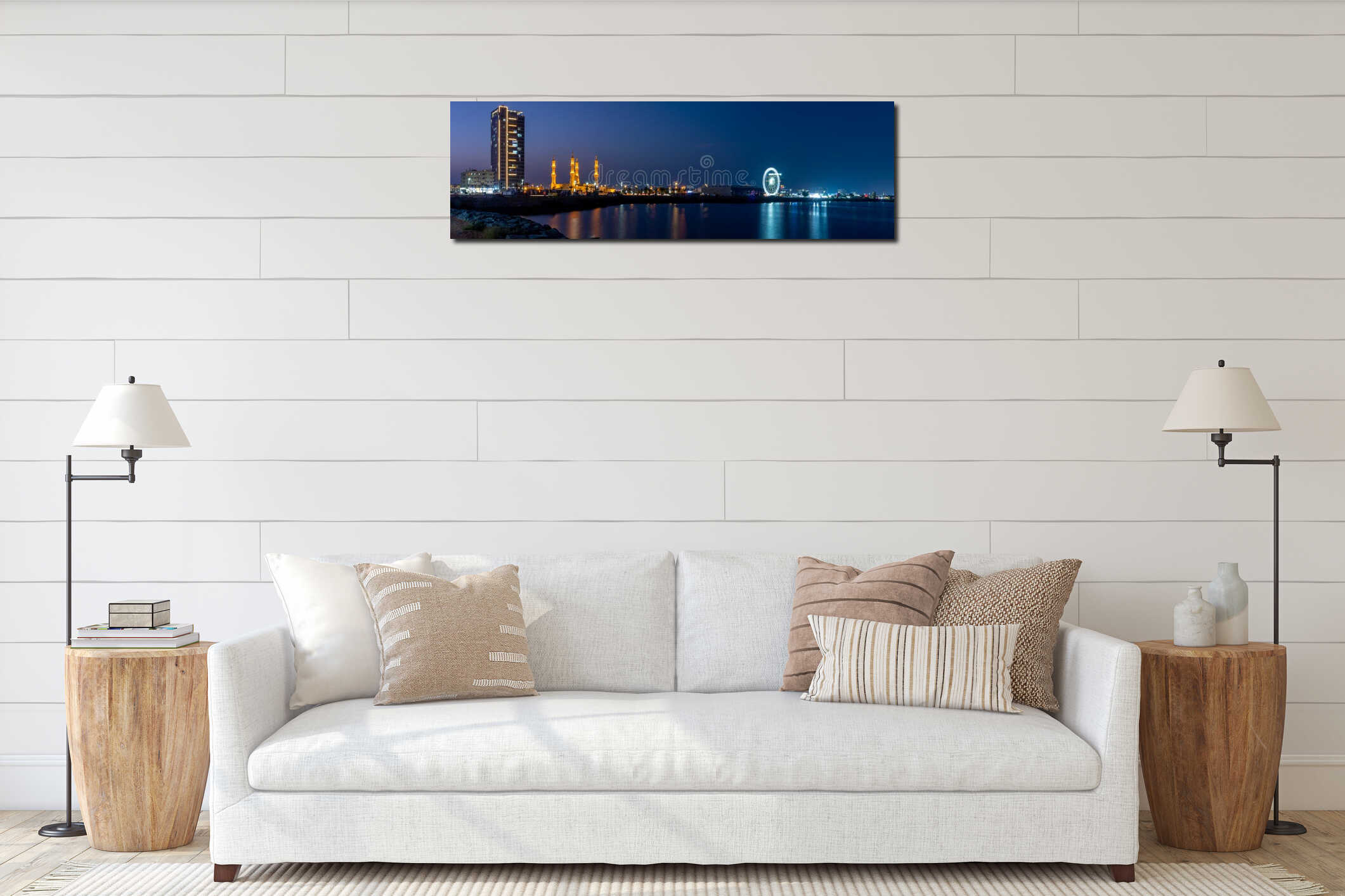 Night panorama in Ras al Khaimah, United Arab Emirates looking at the Sheikh`s Zayed`s Mosque ferris wheel and corniche area. Long interior mockup