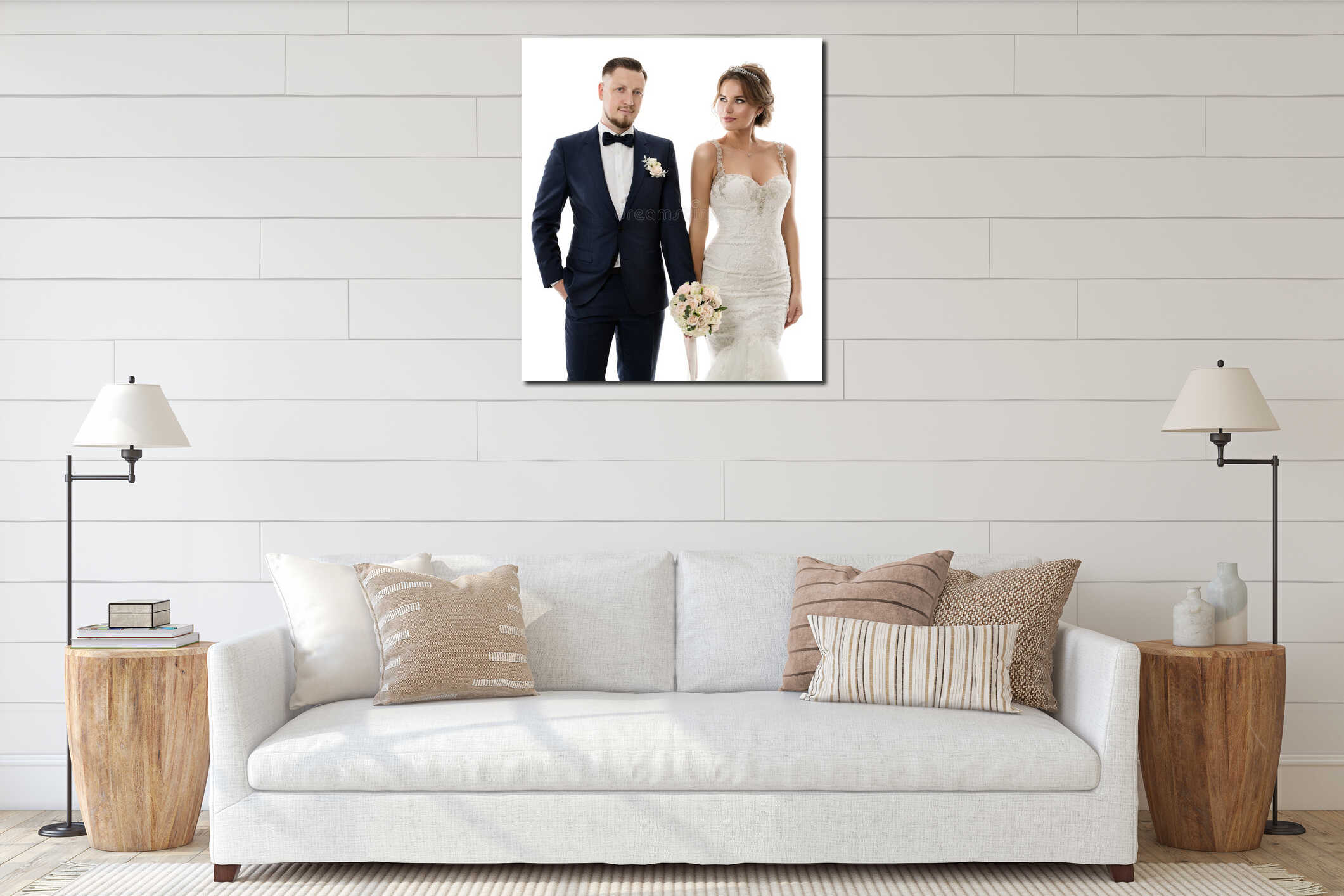 Wedding Couple Studio Portrait, Elegant Groom in Suit and Beautiful Bride in White Dress interior mockup
