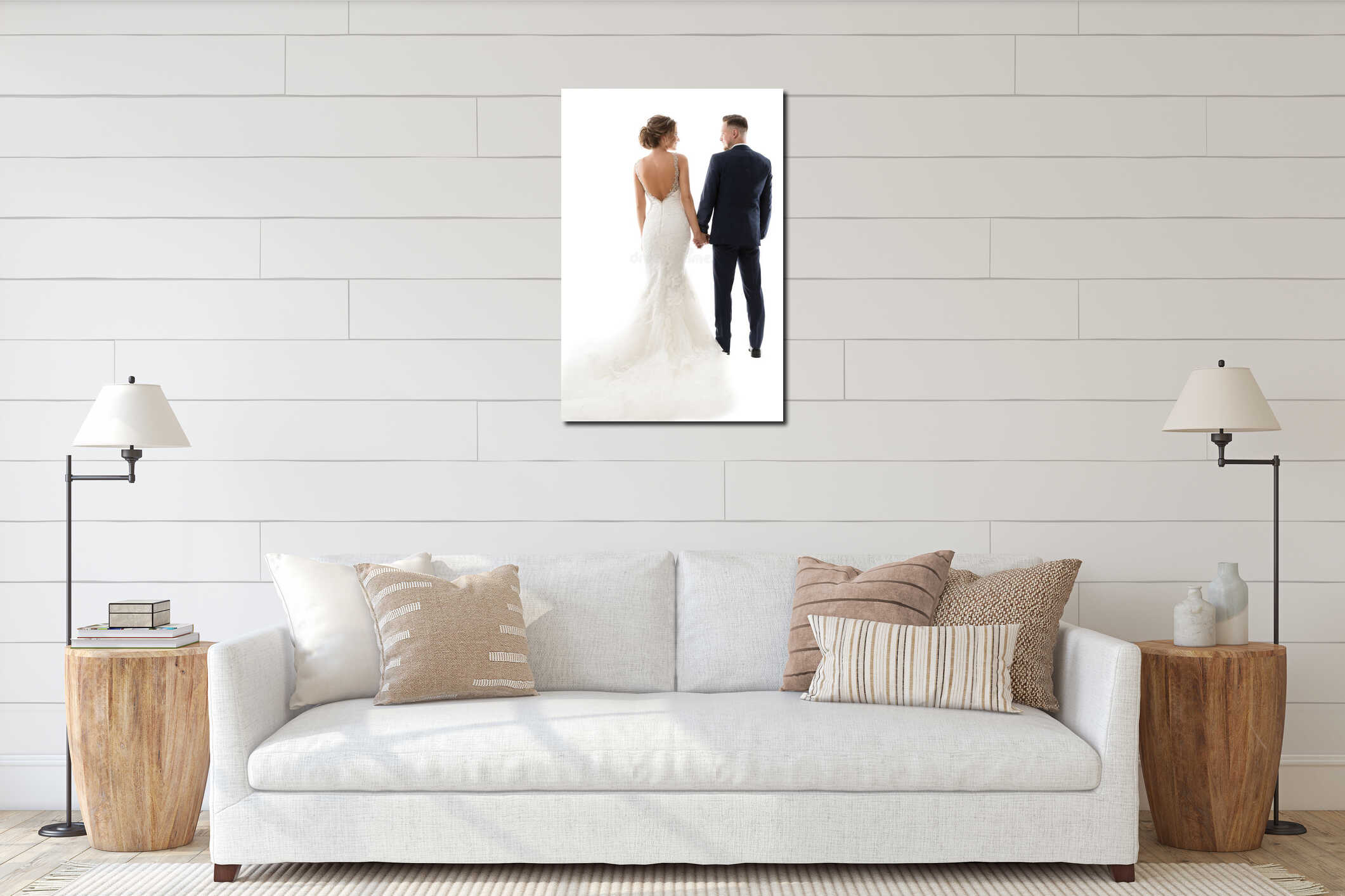 Wedding Couple Rear View, Elegant Groom and Beautiful Bride Back Side, Romantic  Studio Portrait interior mockup