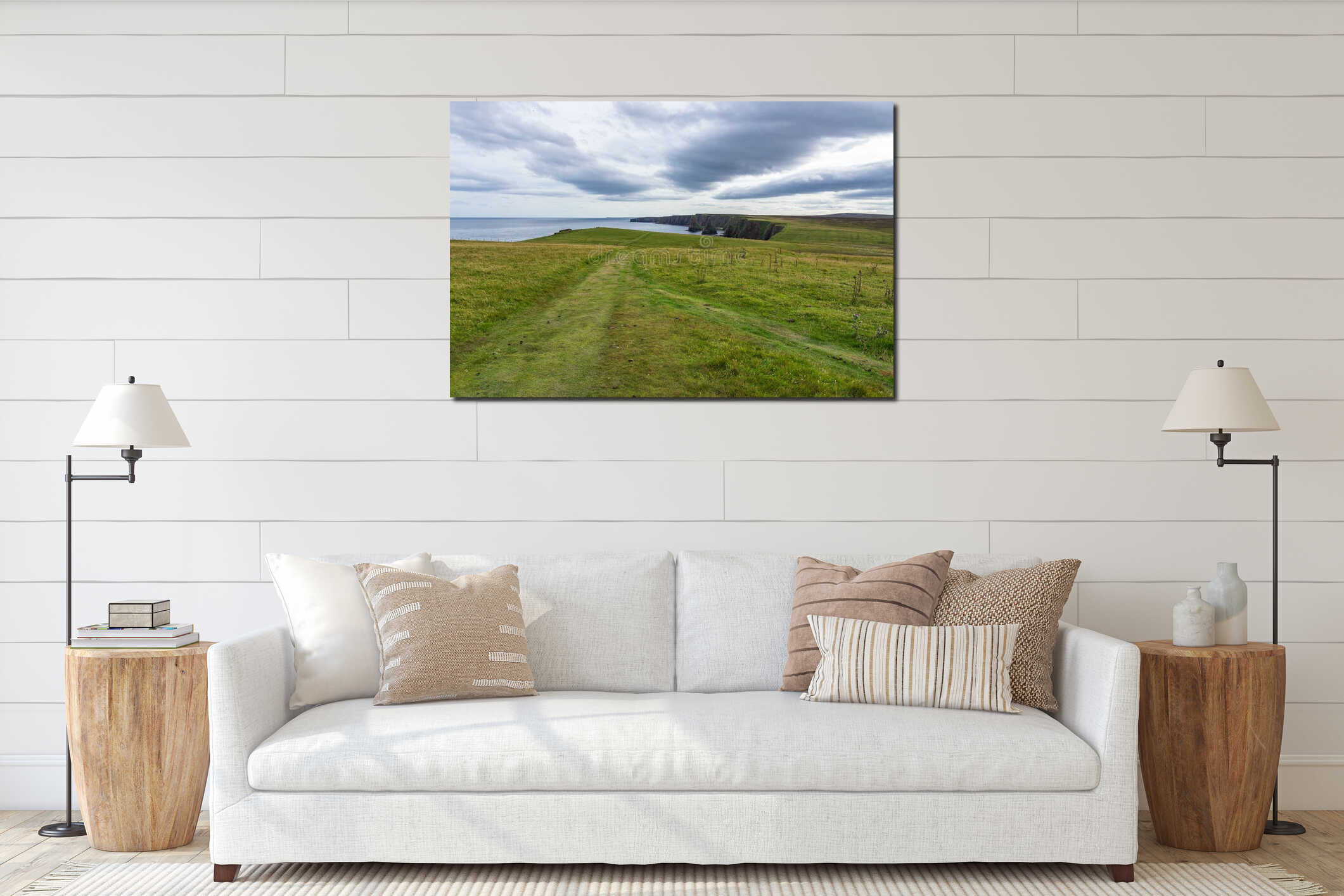 Cliff coastline with sea stacks at Duncansby Head, Caithness, Scotland on a cloudy day interior mockup