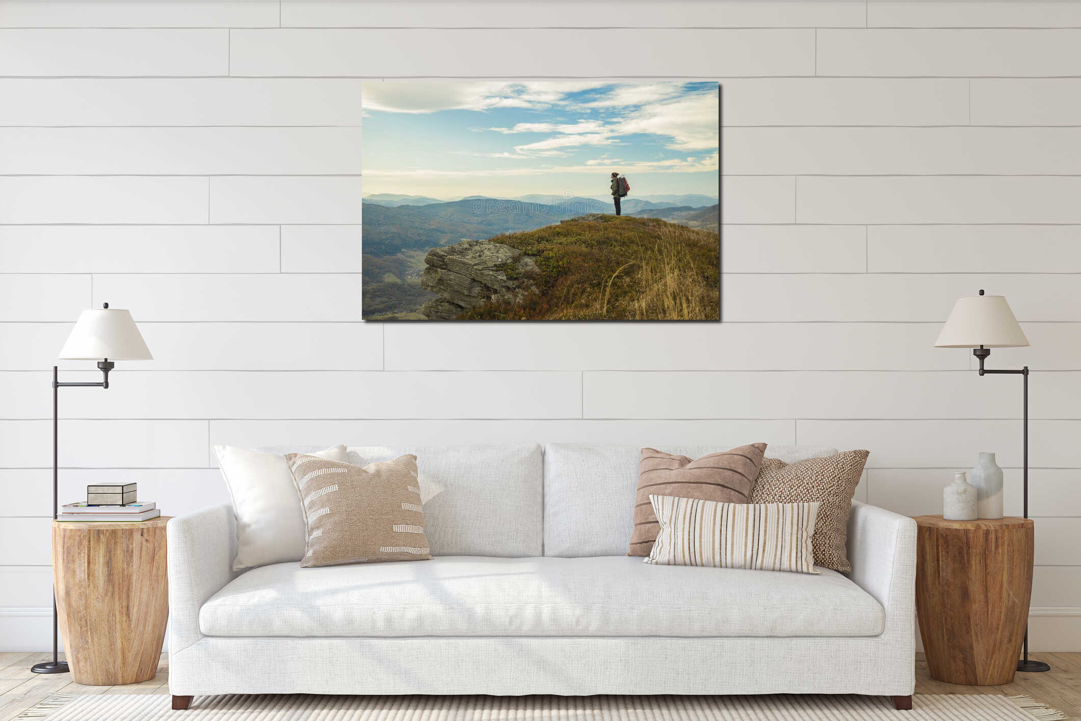 Hiking mountain top edge of cliff highland scenic view with backpacker male person stay and looking side ways life style poster interior mockup