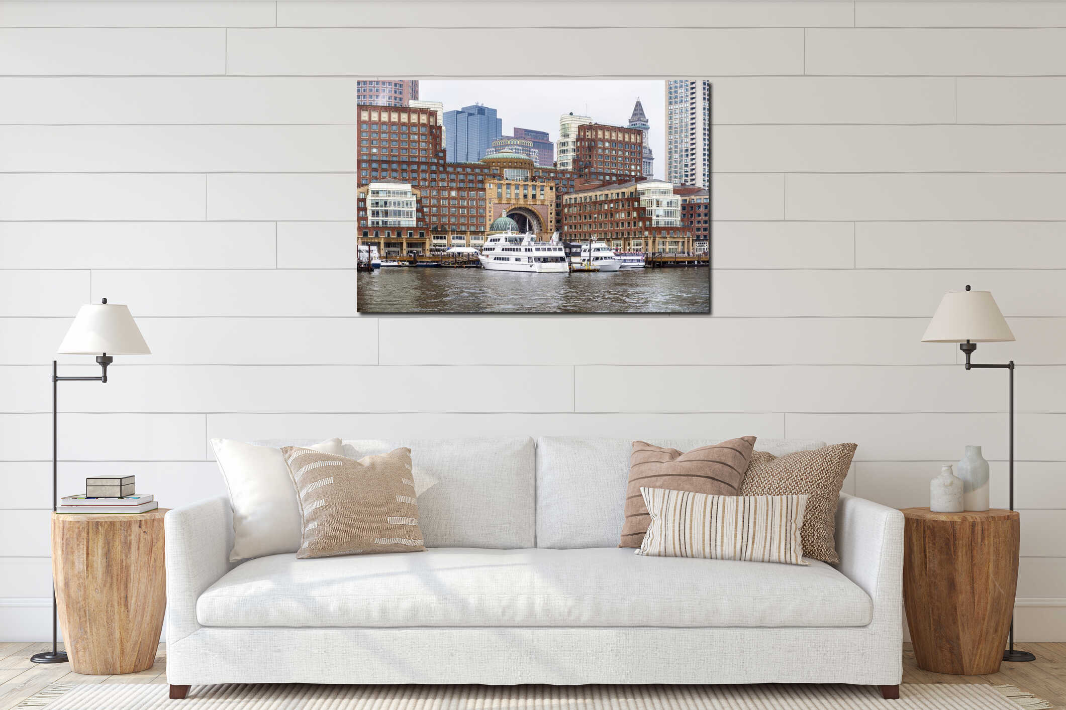 Ferries and other passenger ships standing at the marina on the waterfront with high-rise buildings of the down town of Boston on interior mockup