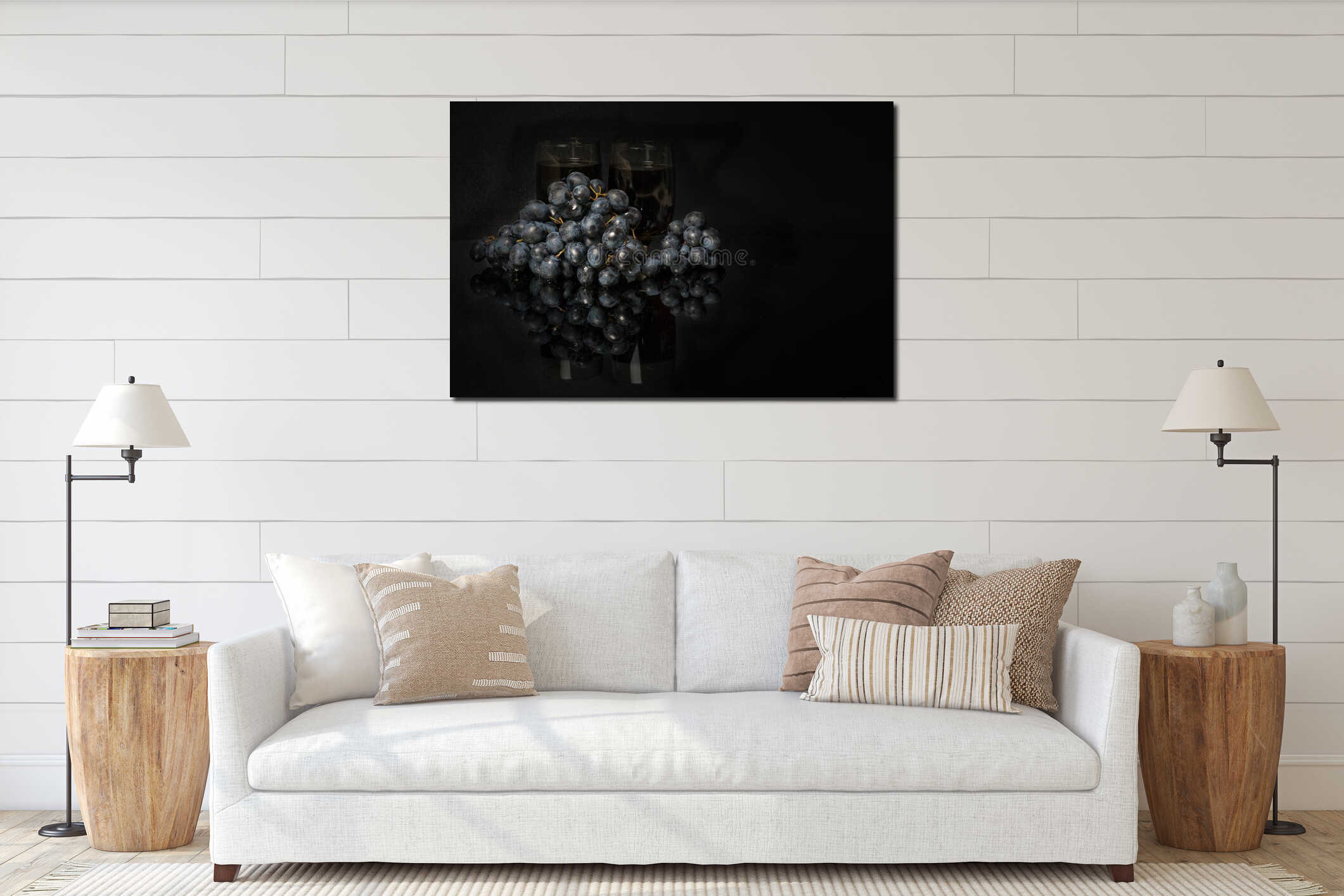 Bunch of dark black grapes and two glasses of red wine on a dark mirror table interior mockup