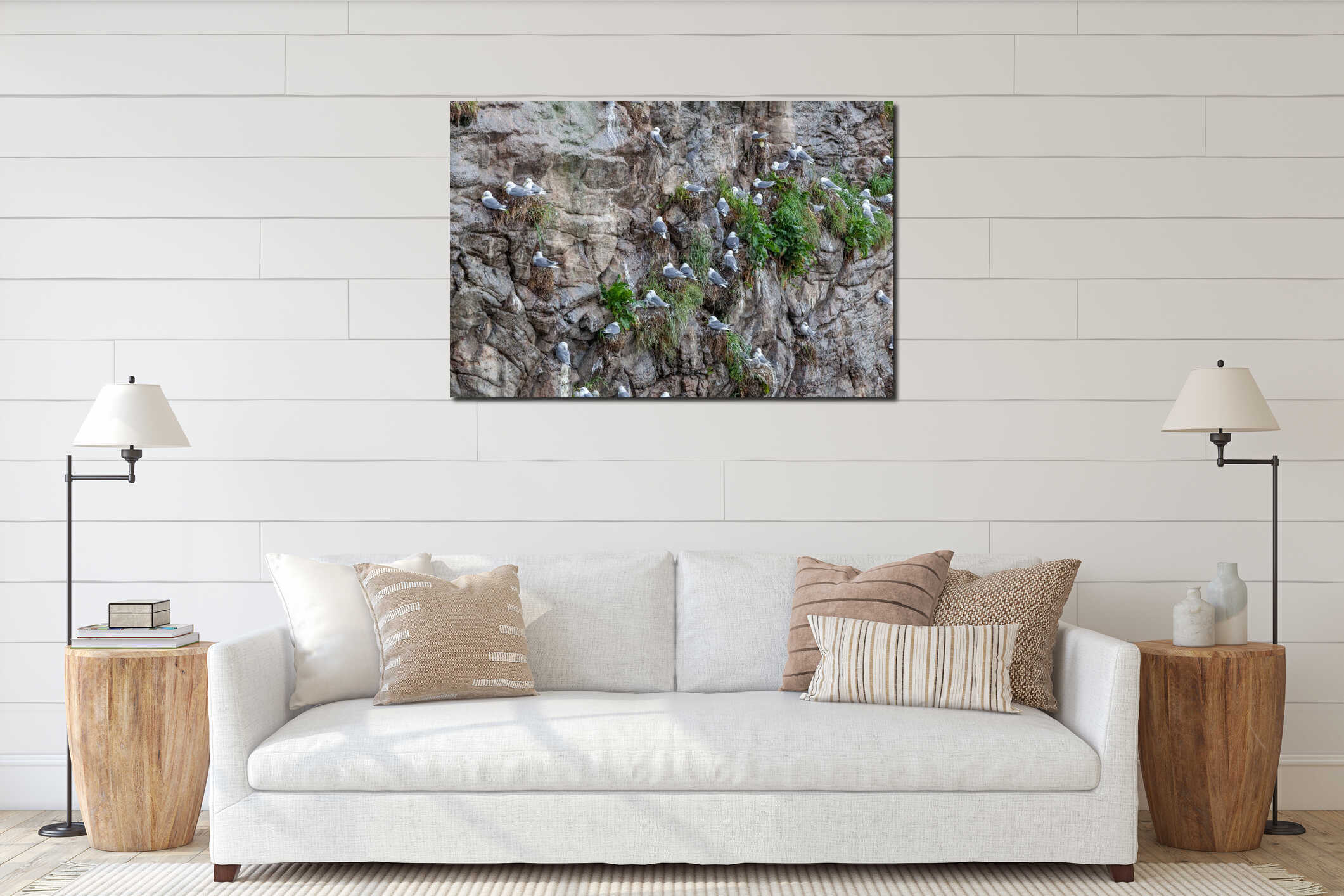 Flock of seagulls on cliff on Lofoten islands, selective focus interior mockup