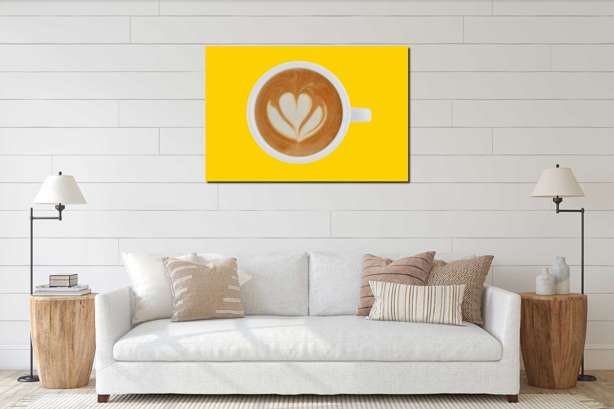 Top view of cup of coffee latte on colour background interior mockup
