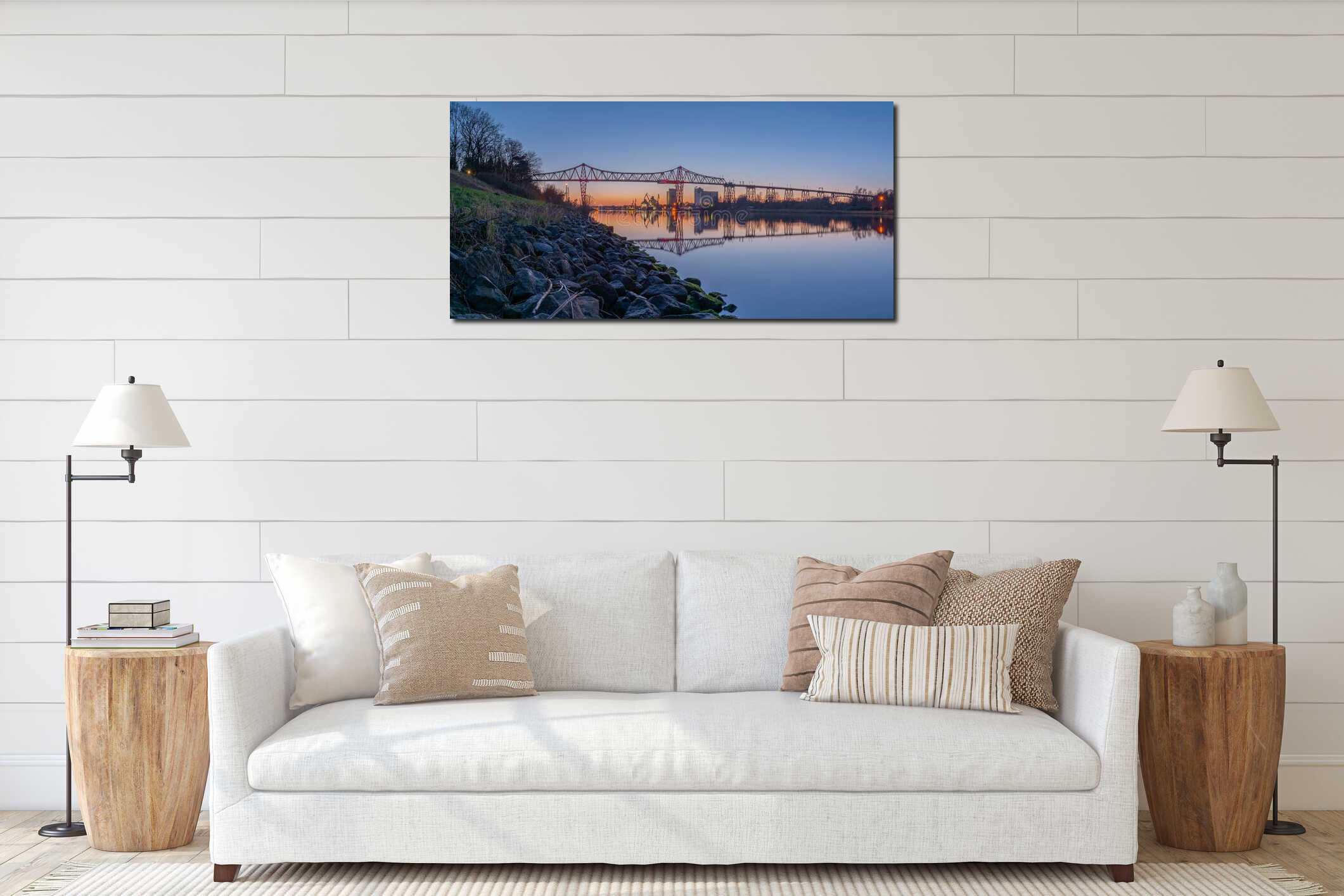 Panorama Railway bridge of Rendsburg on the Kiel Canal in the evening interior mockup