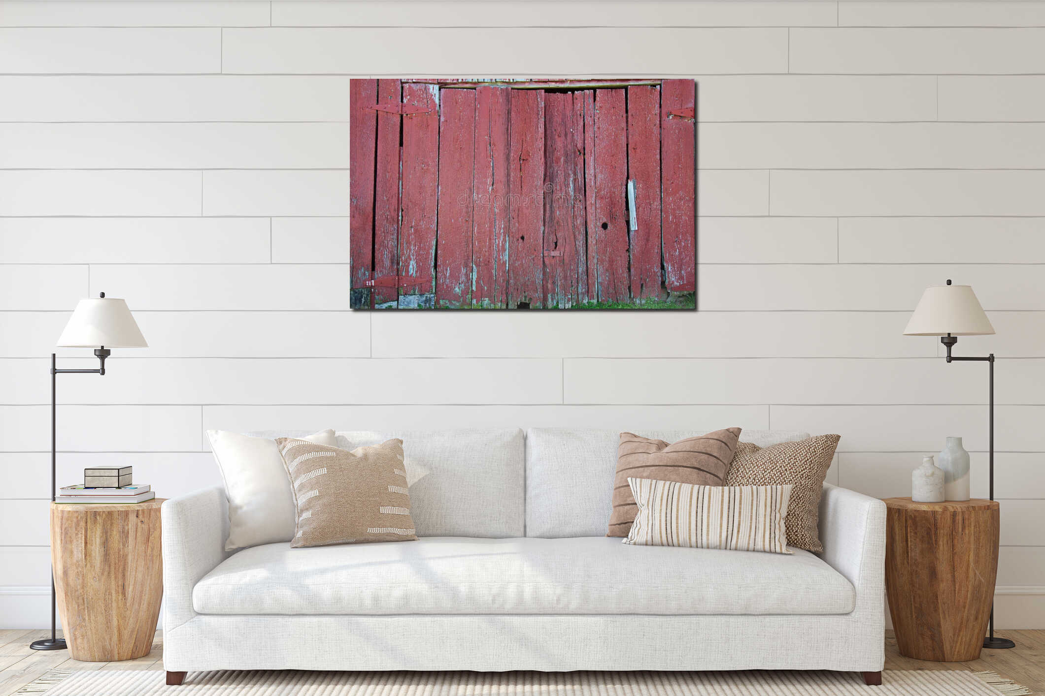 An old red painted weathered barn with a double door for background interior mockup