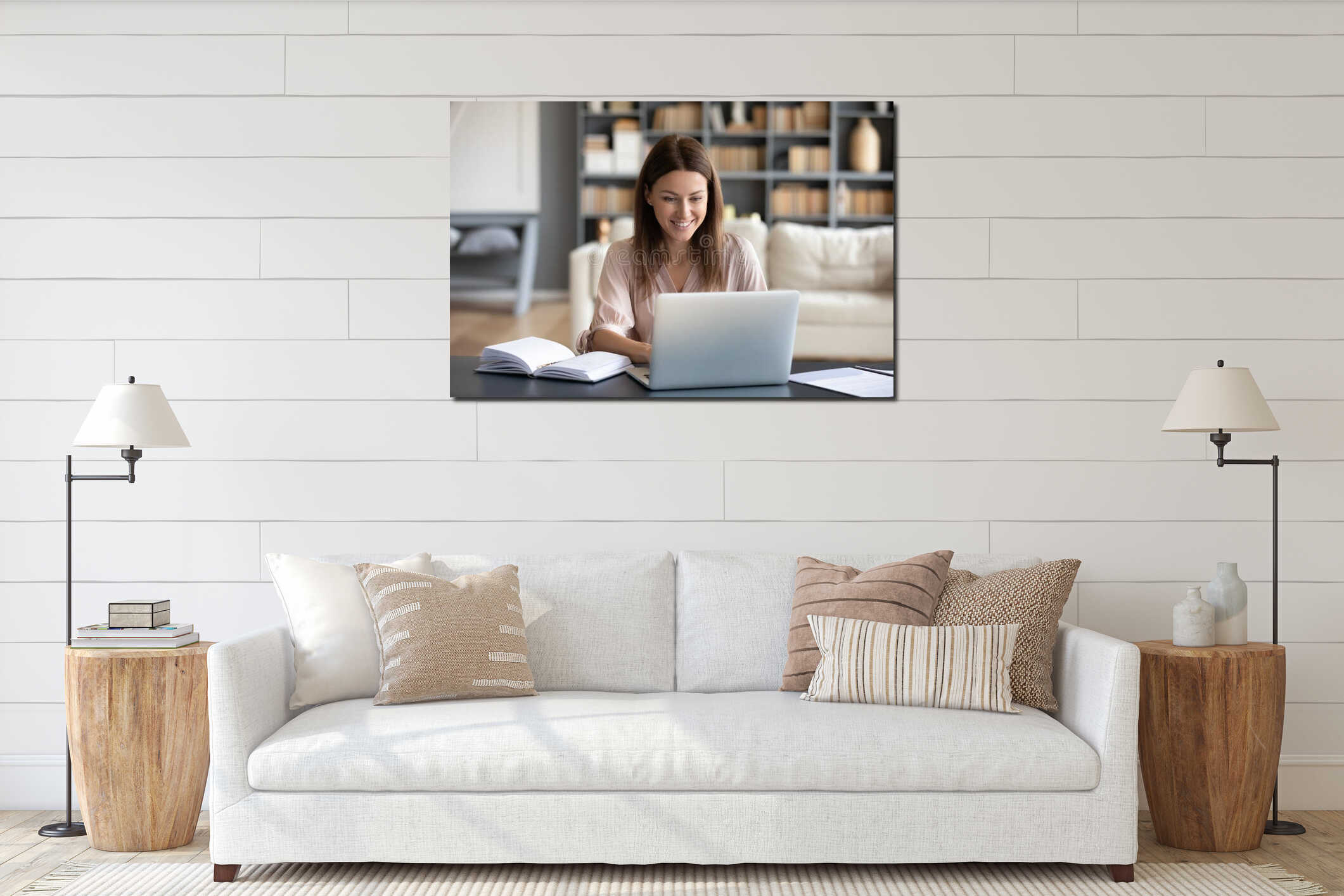 Young happy woman working on computer at home. interior mockup