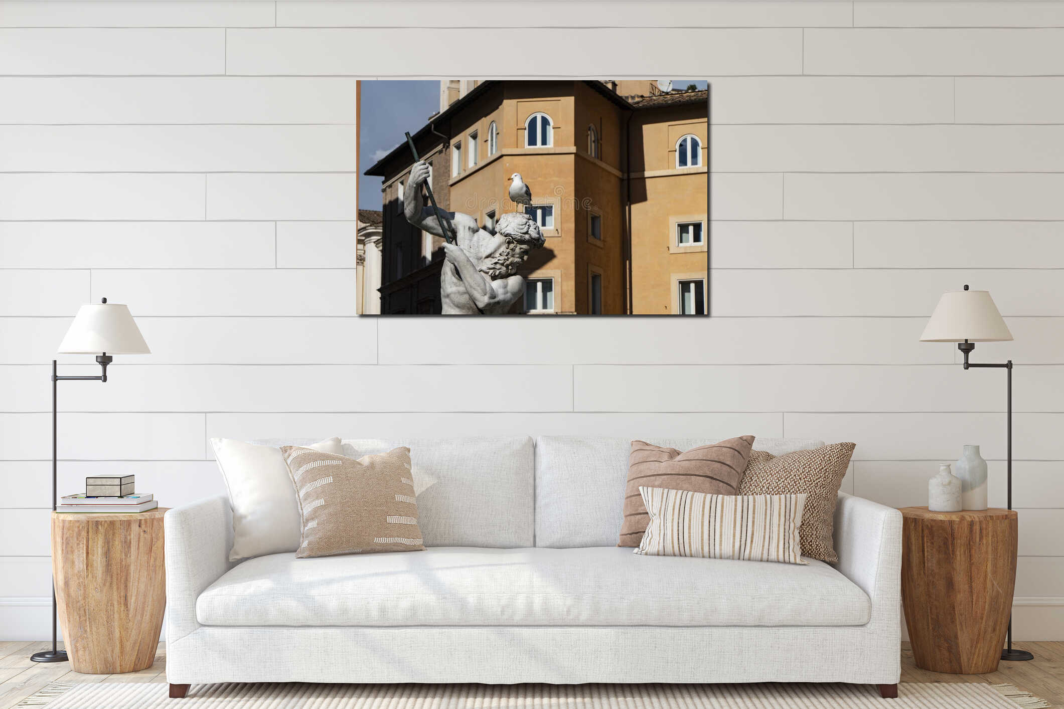 Fontana del Nettuno or Fountain of Neptune at Piazza Navona in Rome, Italy, detail with seagull interior mockup