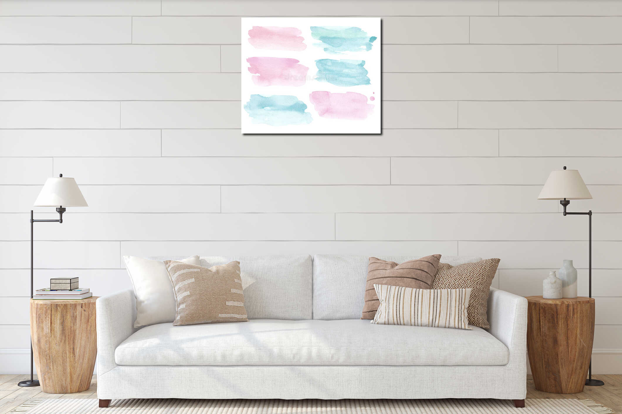 Watercolor abstract hand drawn background paint splash brush, pink and blue pastel colors texture interior mockup